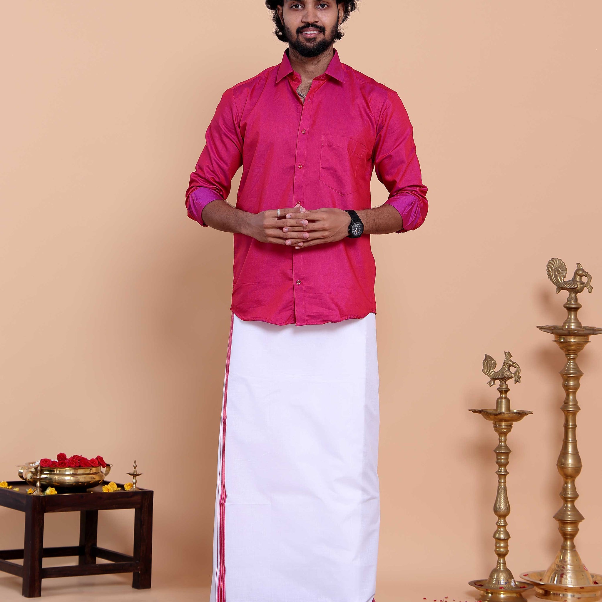 Elegant Men's Ethnic Full Sleeve Shirt & Dhoti Set with Traditional Border - Pink