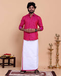 Elegant Men's Ethnic Full Sleeve Shirt & Dhoti Set with Traditional Border - Pink
