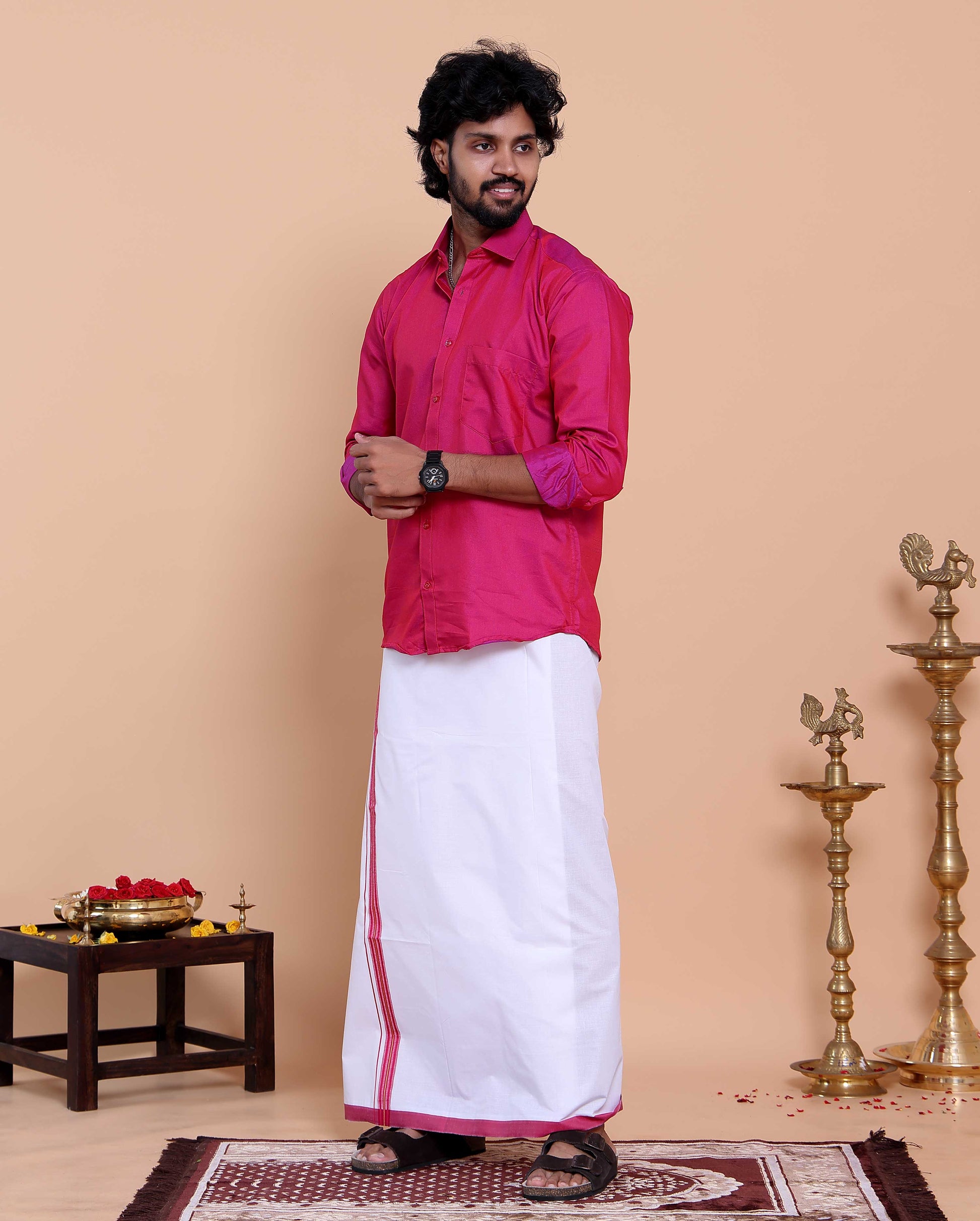 Elegant Men's Ethnic Full Sleeve Shirt & Dhoti Set with Traditional Border - Pink