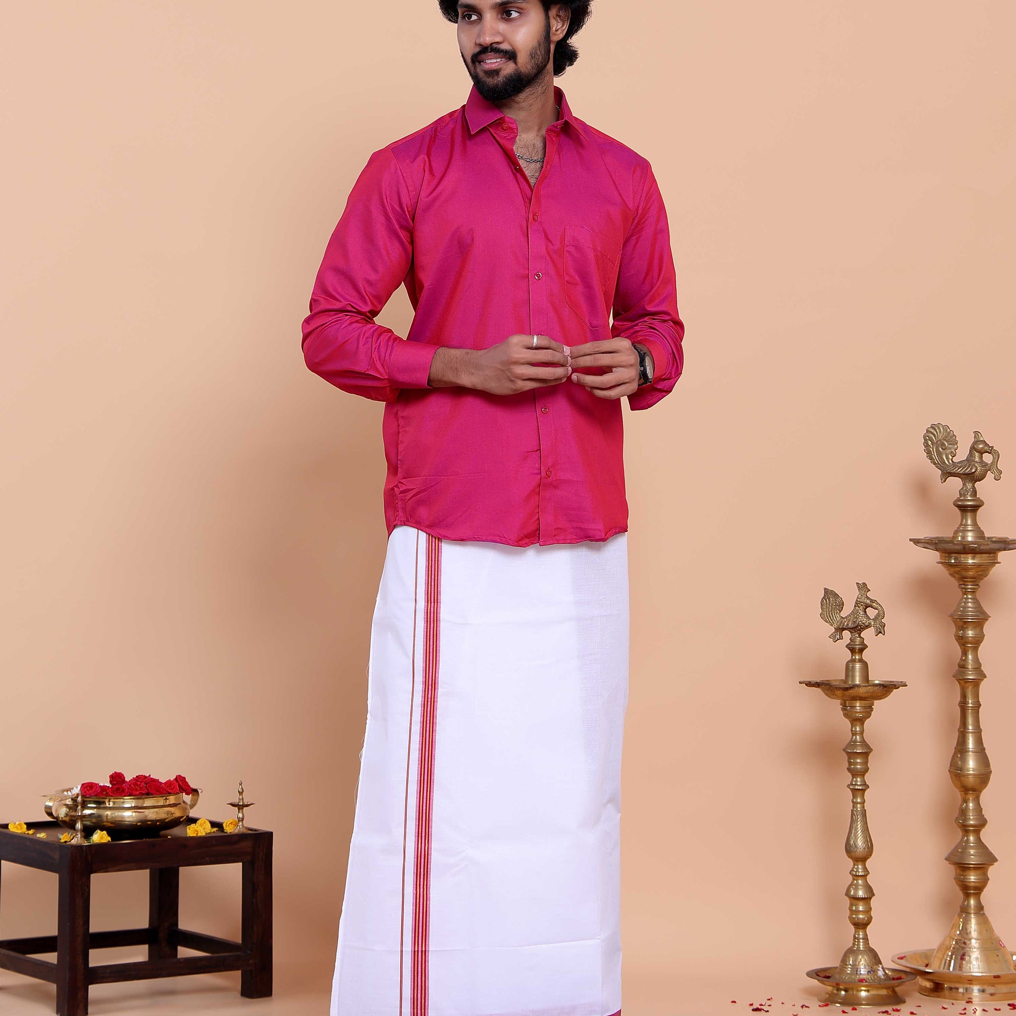 Elegant Men's Ethnic Full Sleeve Shirt & Dhoti Set with Traditional Border - Pink