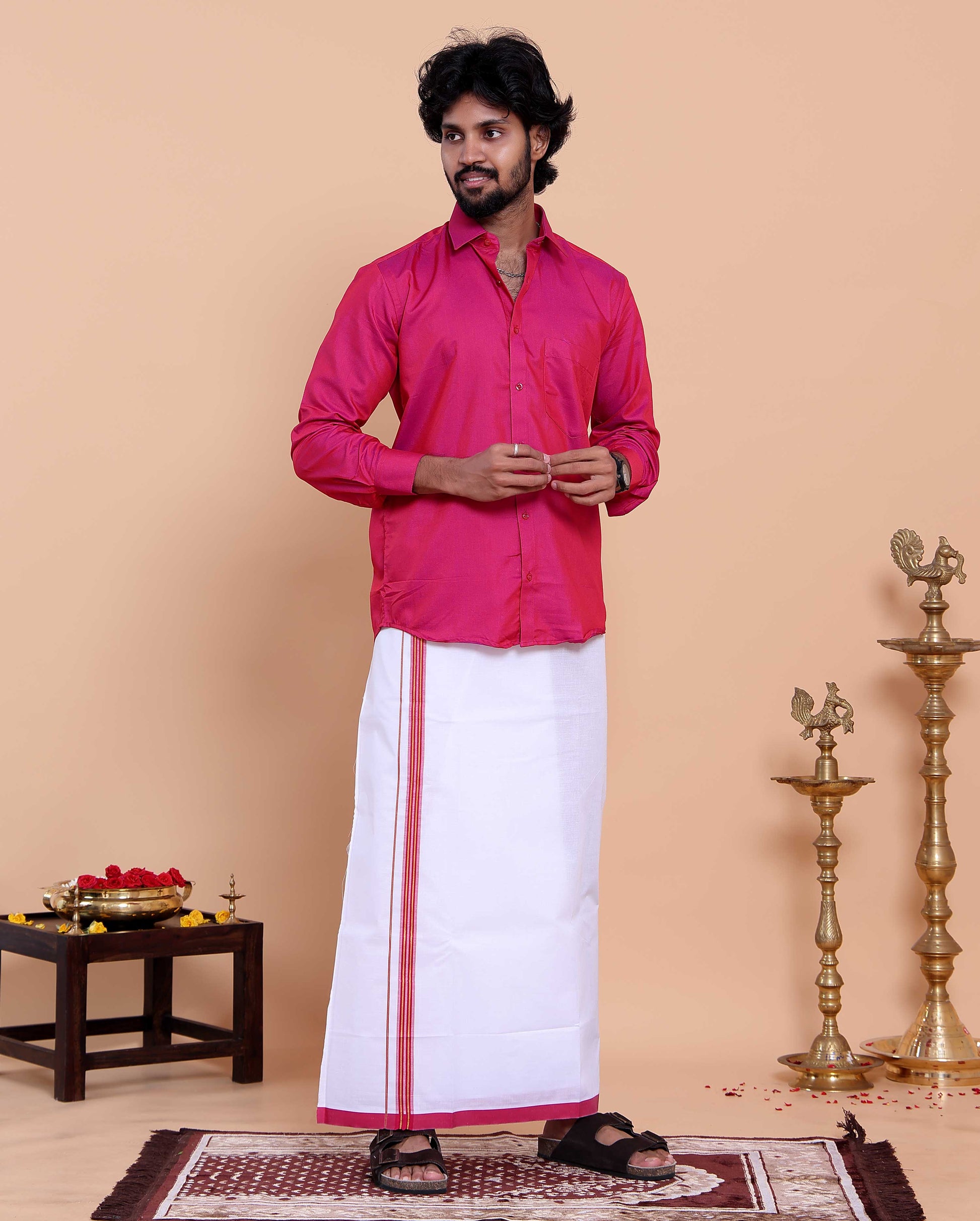 Elegant Men's Ethnic Full Sleeve Shirt & Dhoti Set with Traditional Border - Pink