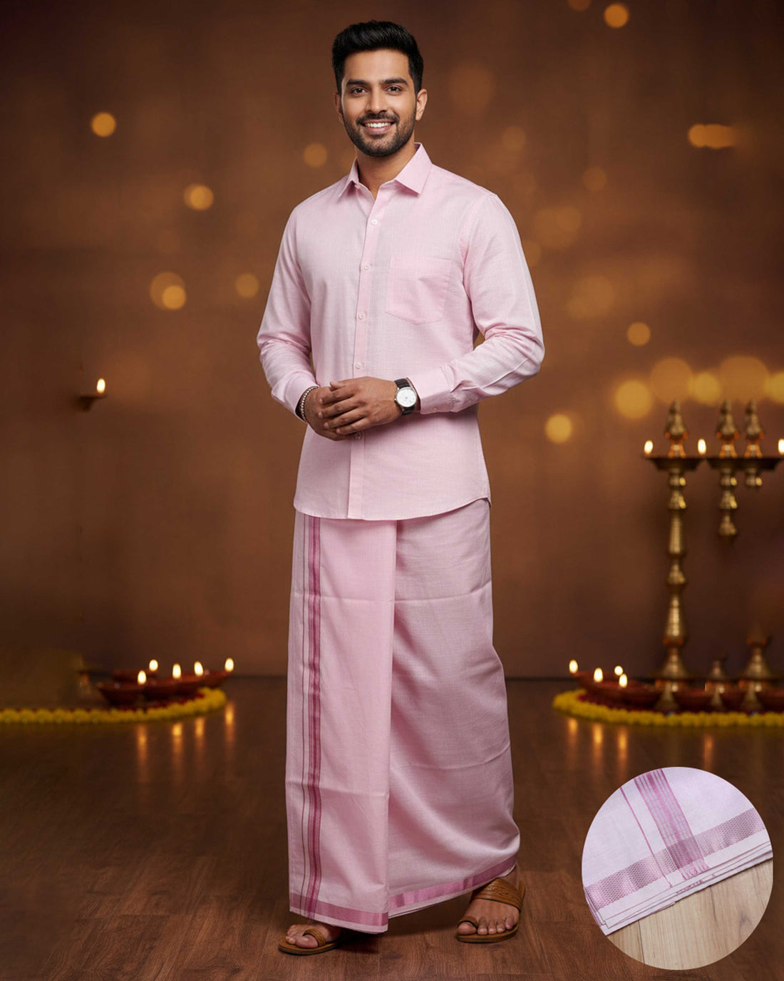 Elegant Men's Ethnic Full Sleeve Shirt & Dhoti Set with Traditional Border - Rose Pink