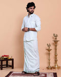 Elegant Men's Ethnic Full Sleeve Shirt & Dhoti Set with Traditional Border - Silver