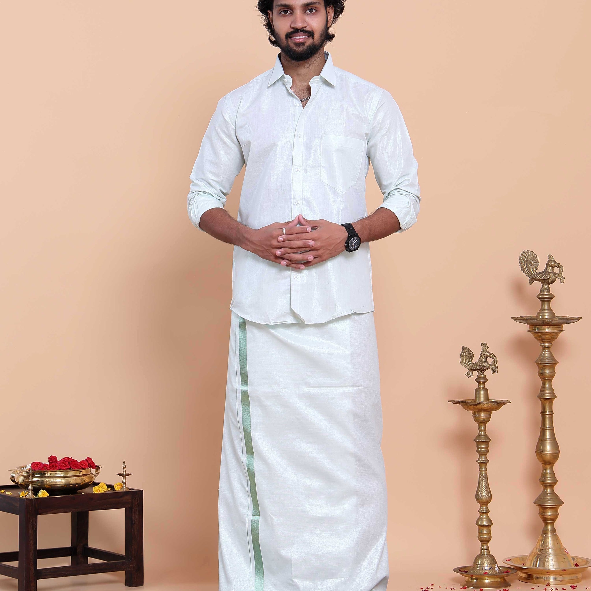Elegant Men's Ethnic Full Sleeve Shirt & Dhoti Set with Traditional Border - Silver