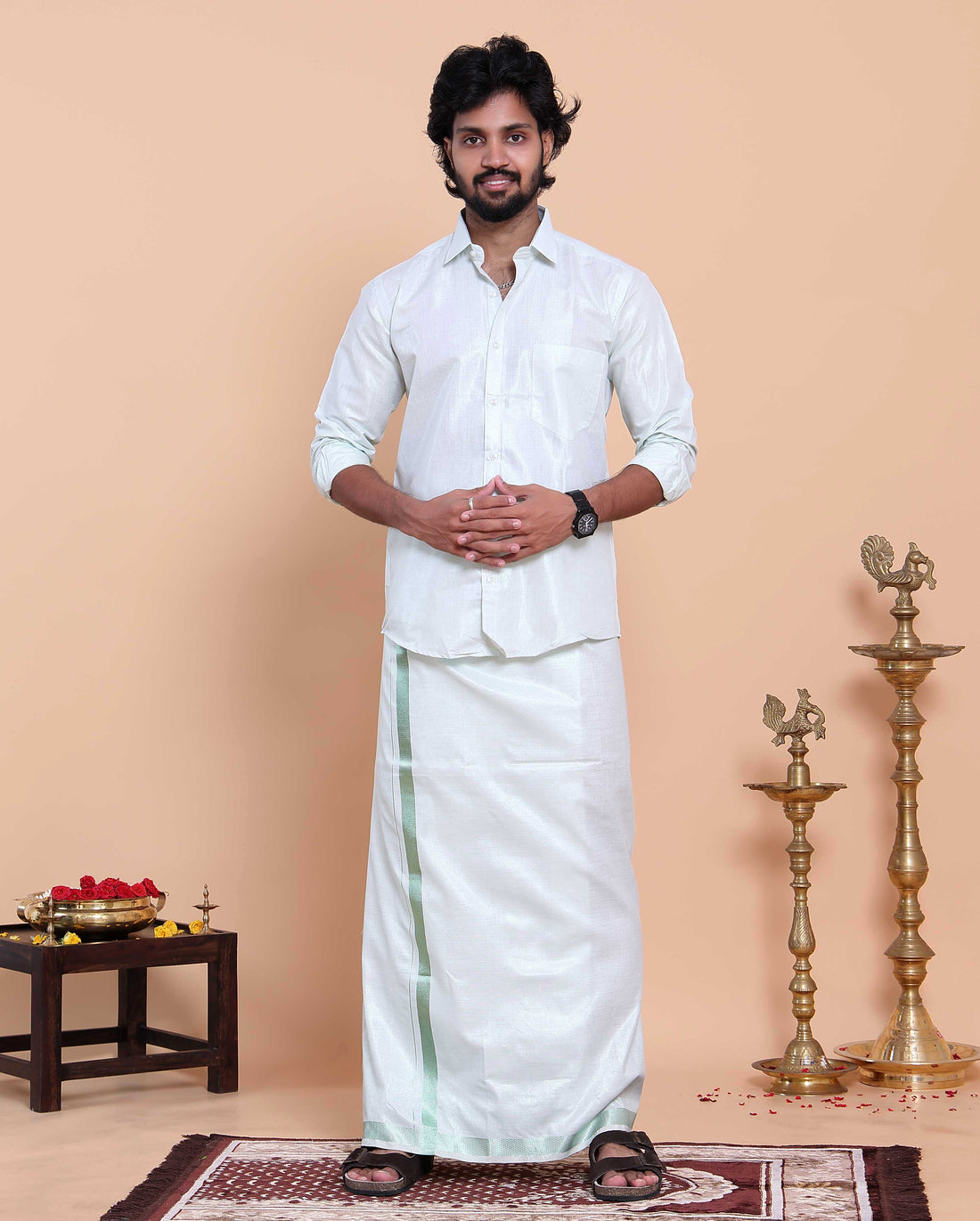 Elegant Men's Ethnic Full Sleeve Shirt & Dhoti Set with Traditional Border - Silver