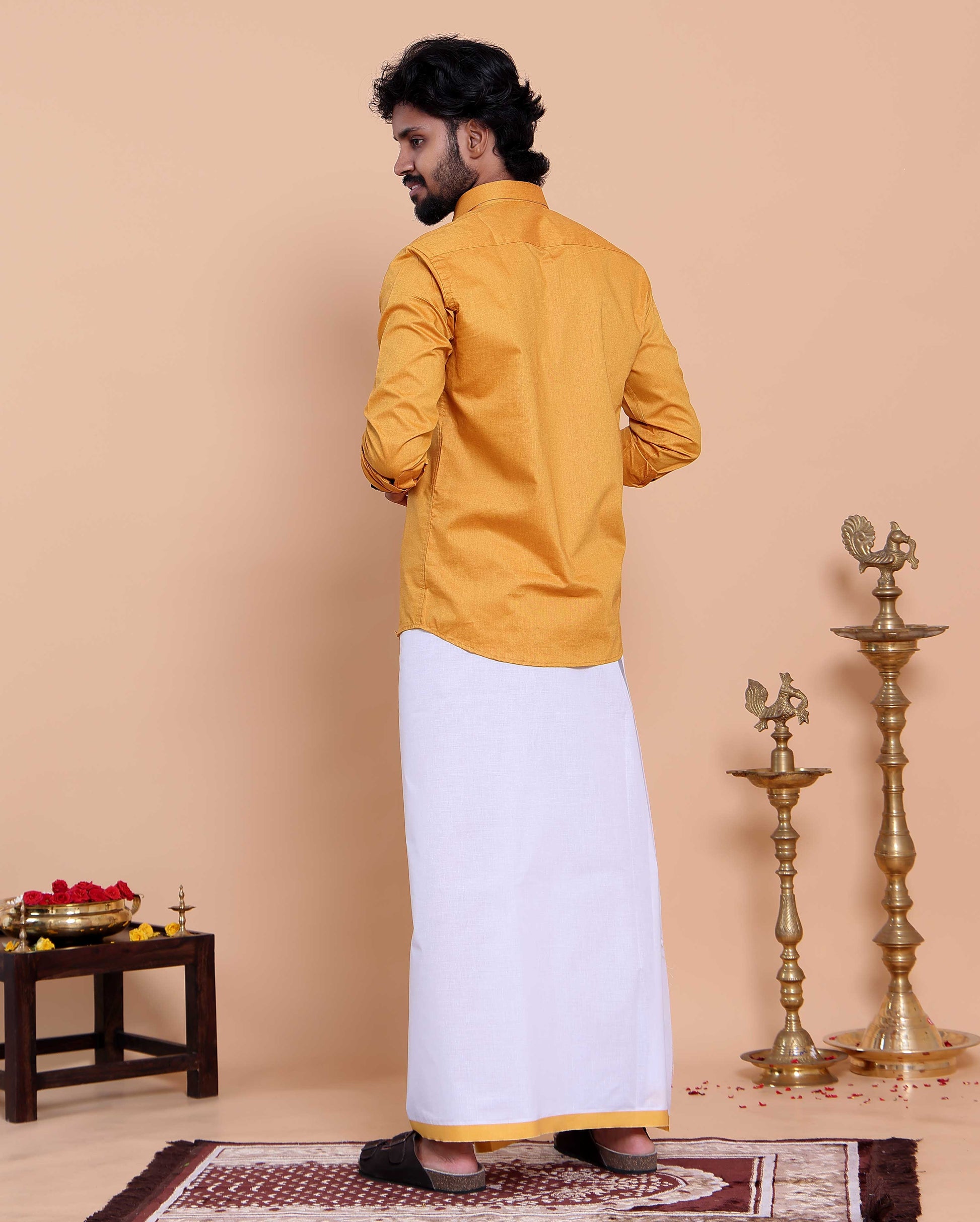 Elegant Men's Ethnic Full Sleeve Shirt & Dhoti Set with Traditional Border - Yellow-shirt