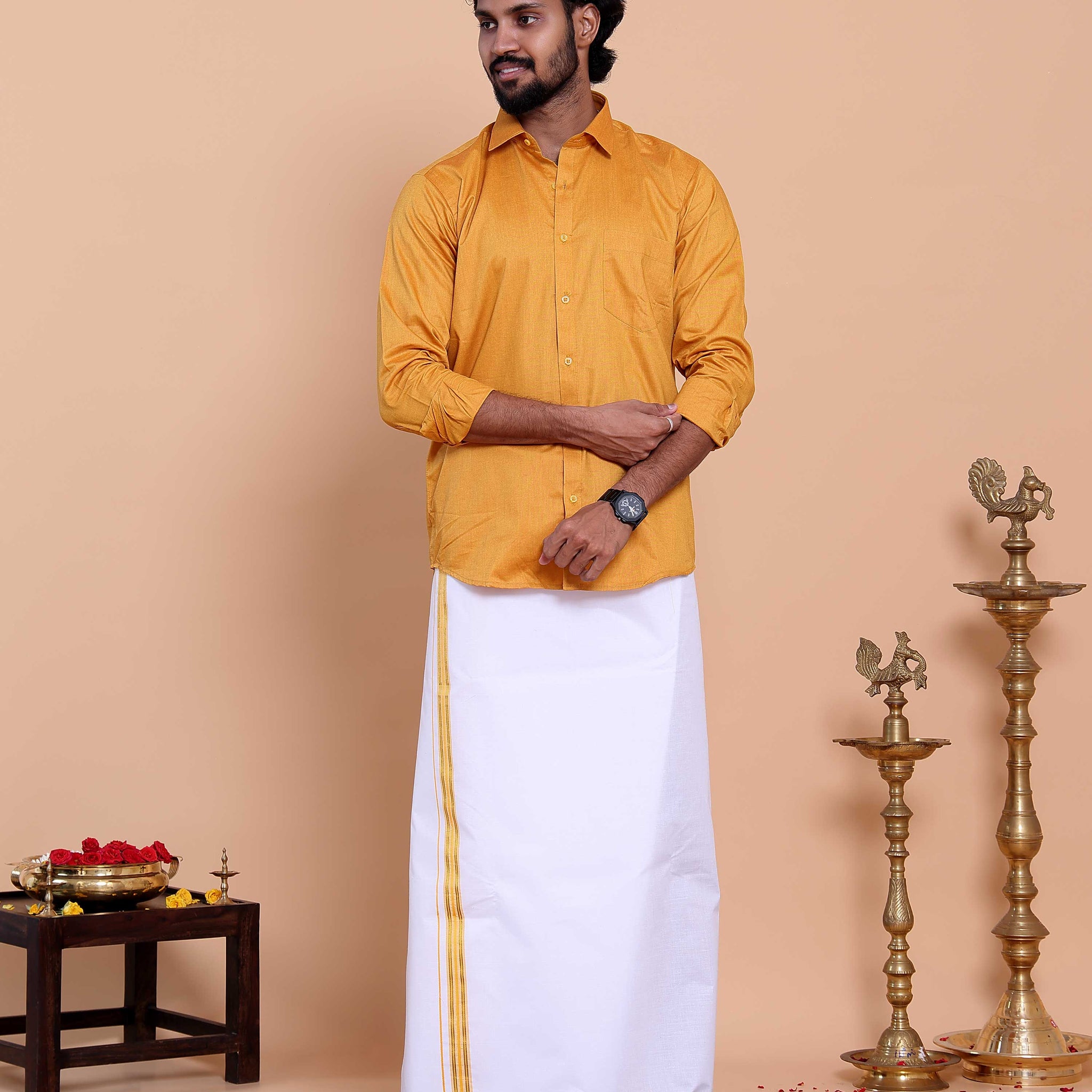 Elegant Men's Ethnic Full Sleeve Shirt & Dhoti Set with Traditional Border - Yellow-shirt