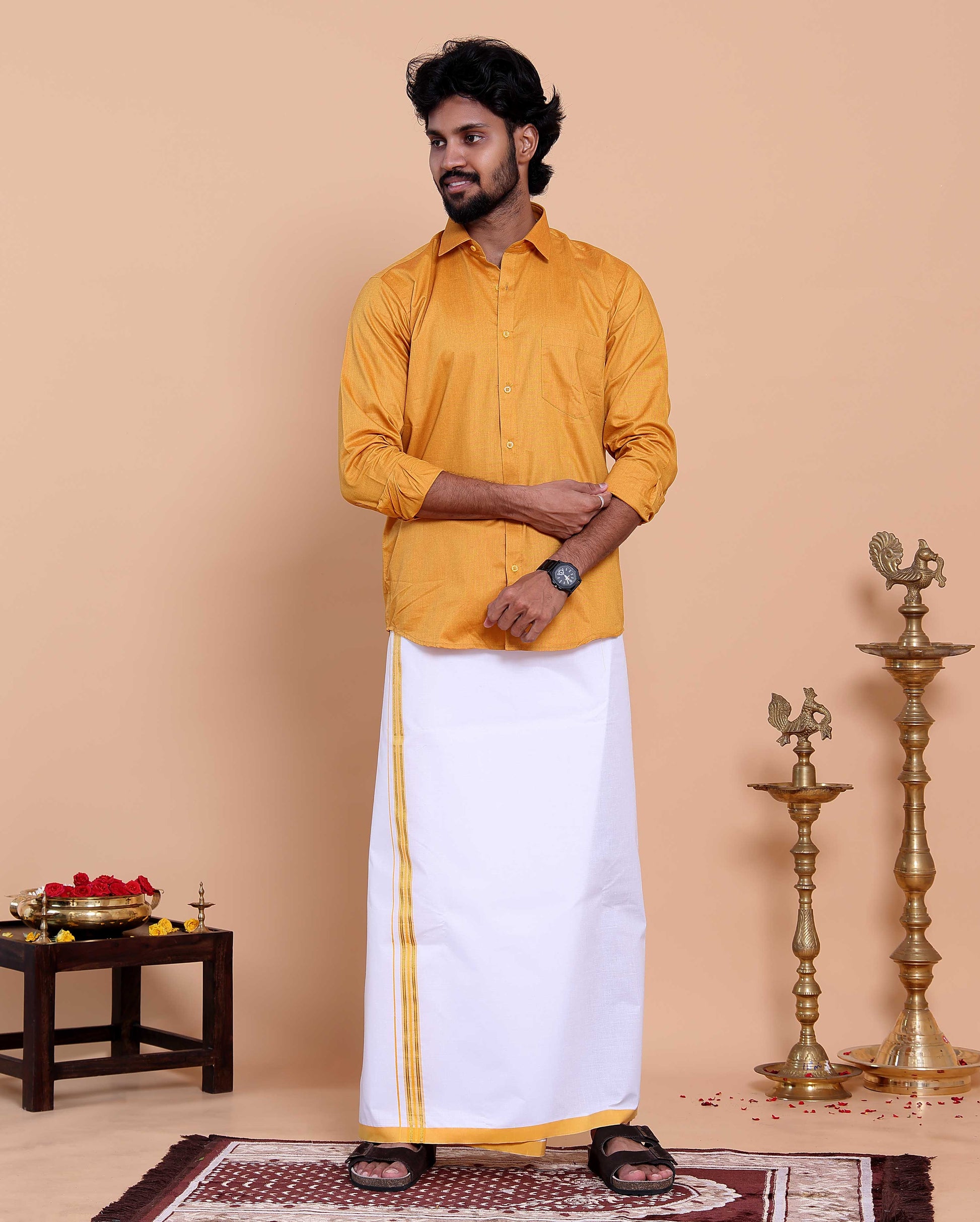 Elegant Men's Ethnic Full Sleeve Shirt & Dhoti Set with Traditional Border - Yellow-shirt
