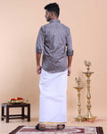 Elegant Men's Ethnic Full Sleeve Shirt & Dhoti Set with Zari Border - Grey
