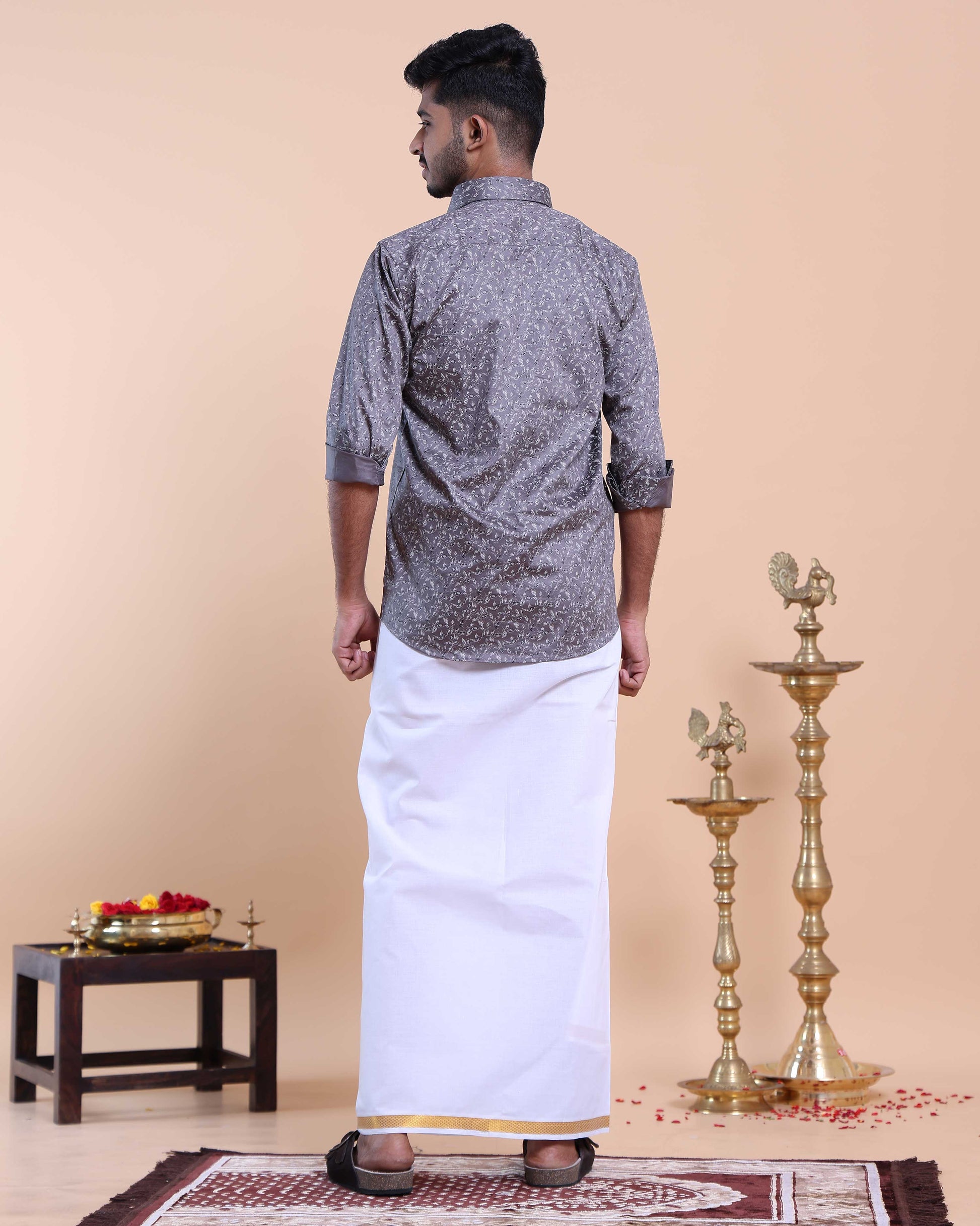 Elegant Men's Ethnic Full Sleeve Shirt & Dhoti Set with Zari Border - Grey