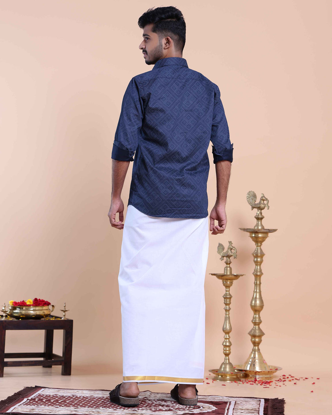 Elegant Men's Ethnic Full Sleeve Shirt & Dhoti Set with Zari Border - Blue