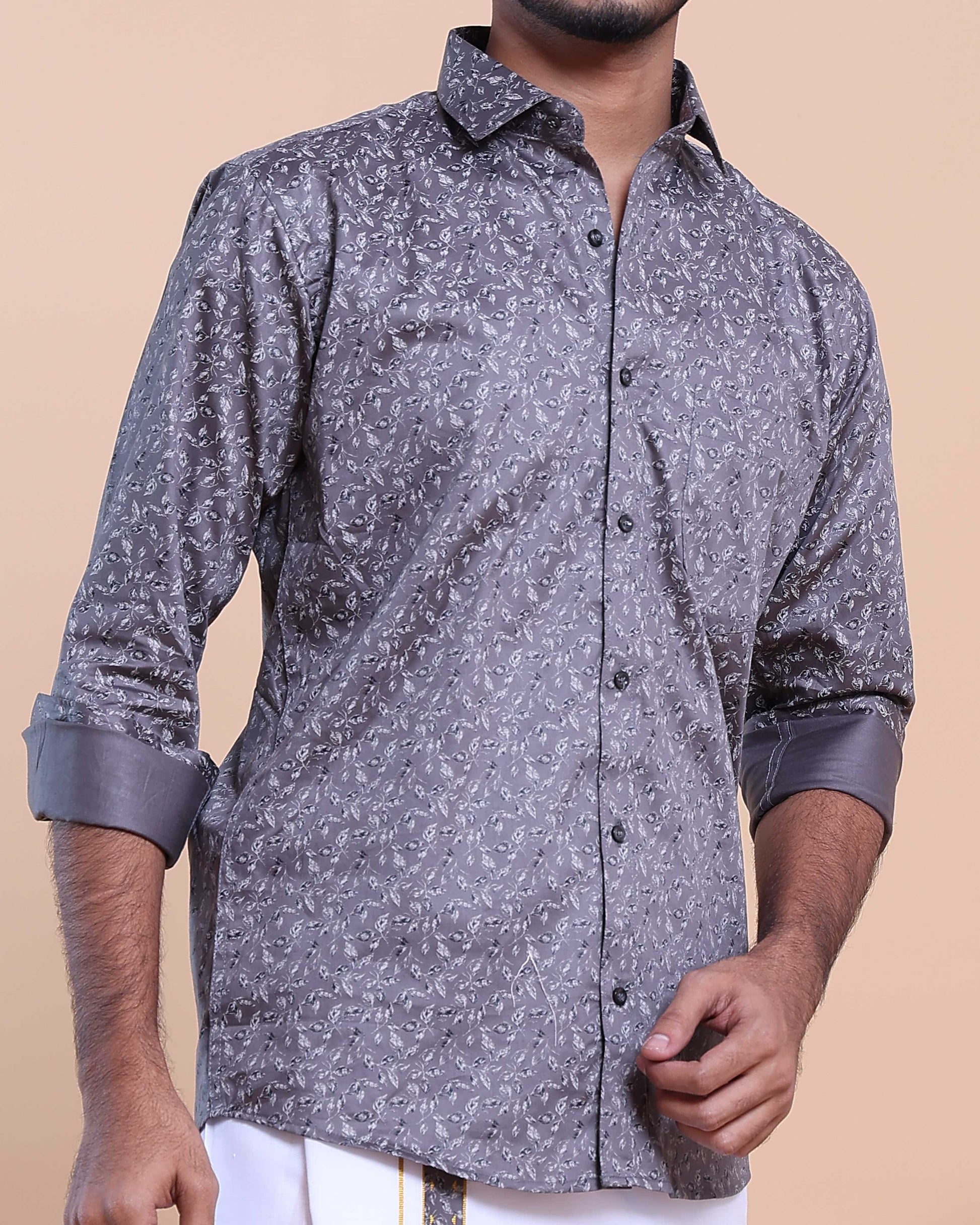 Elegant Men's Ethnic Full Sleeve Shirt & Dhoti Set with Zari Border - Grey