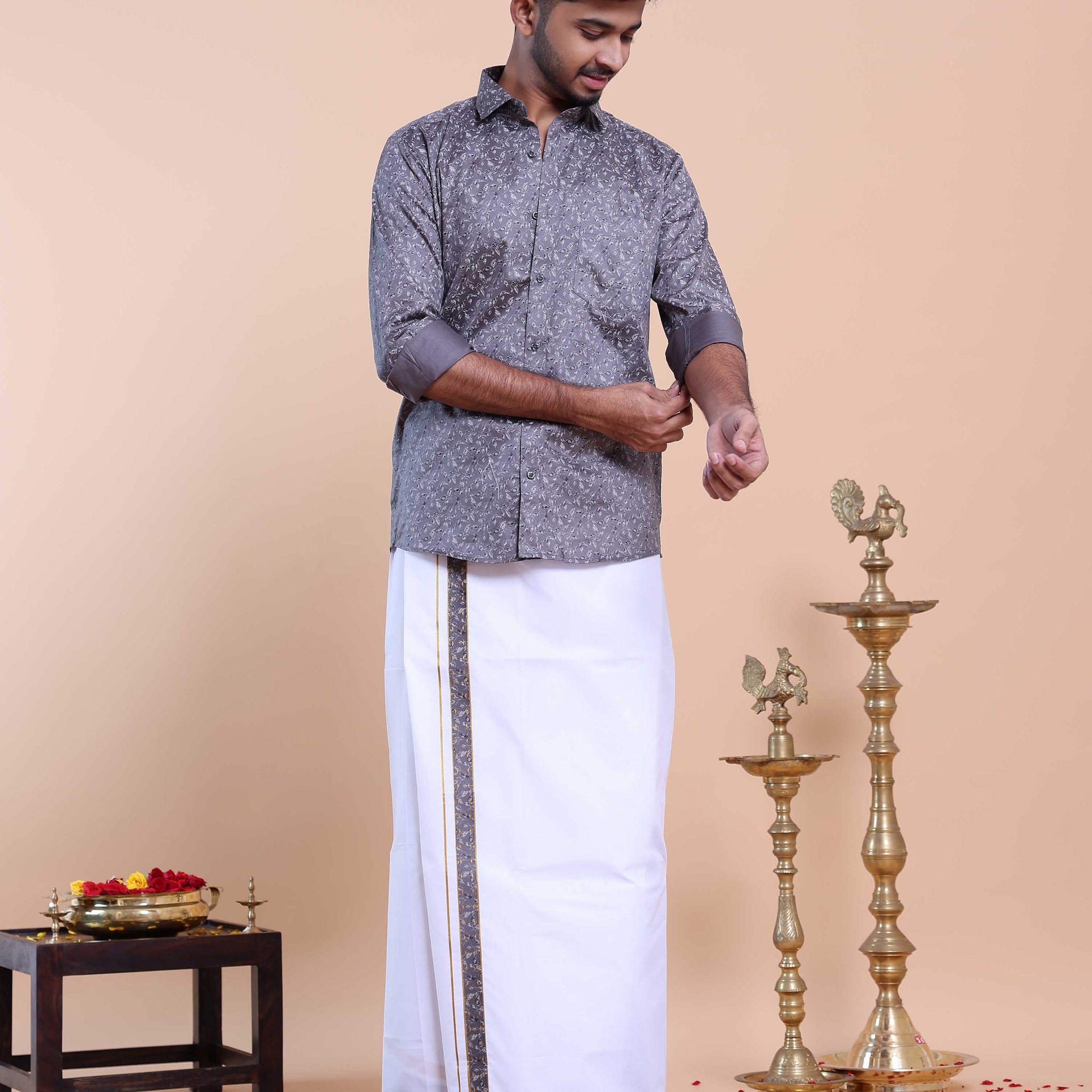 Elegant Men's Ethnic Full Sleeve Shirt & Dhoti Set with Zari Border - Grey