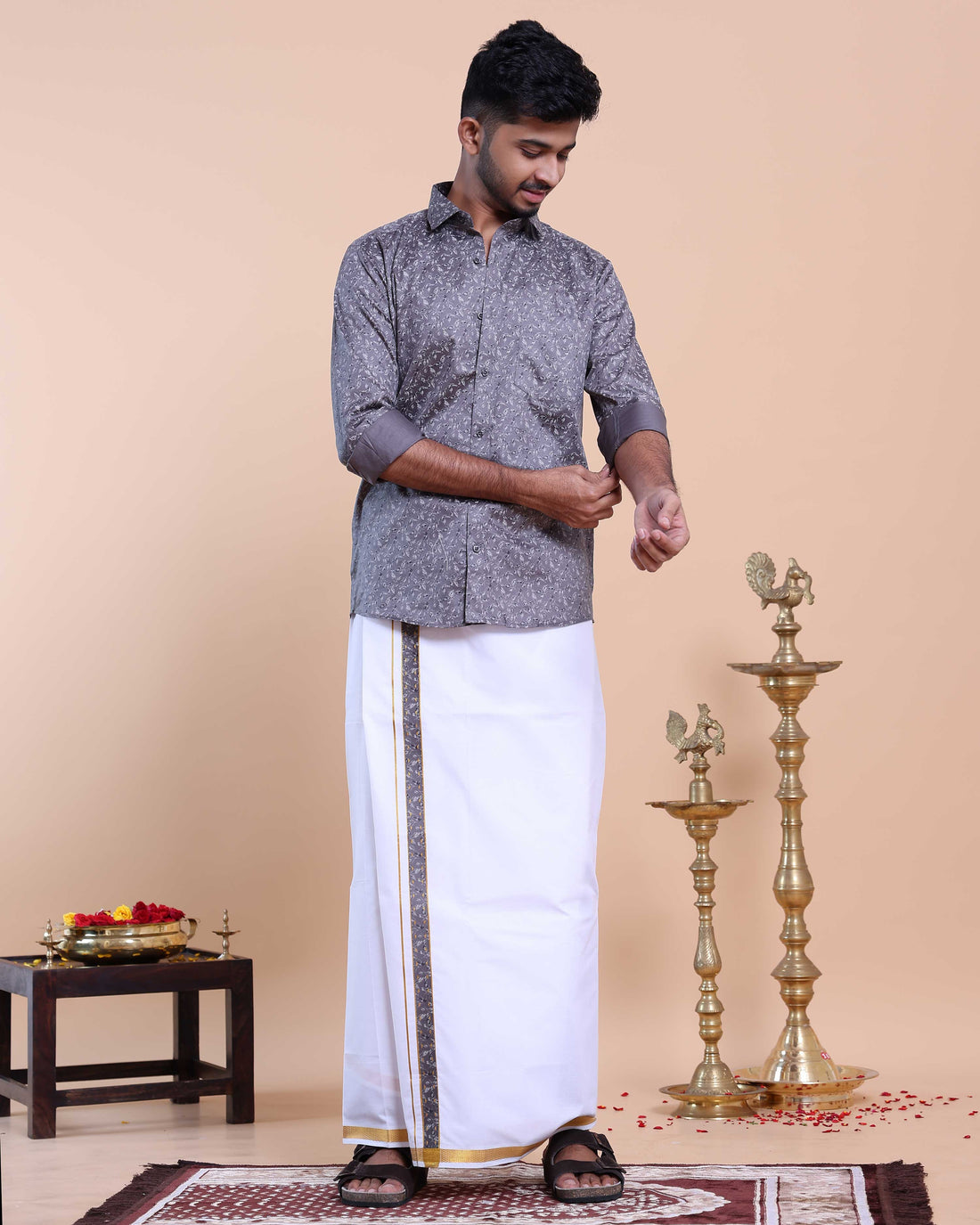 Elegant Men's Ethnic Full Sleeve Shirt & Dhoti Set with Zari Border - Grey