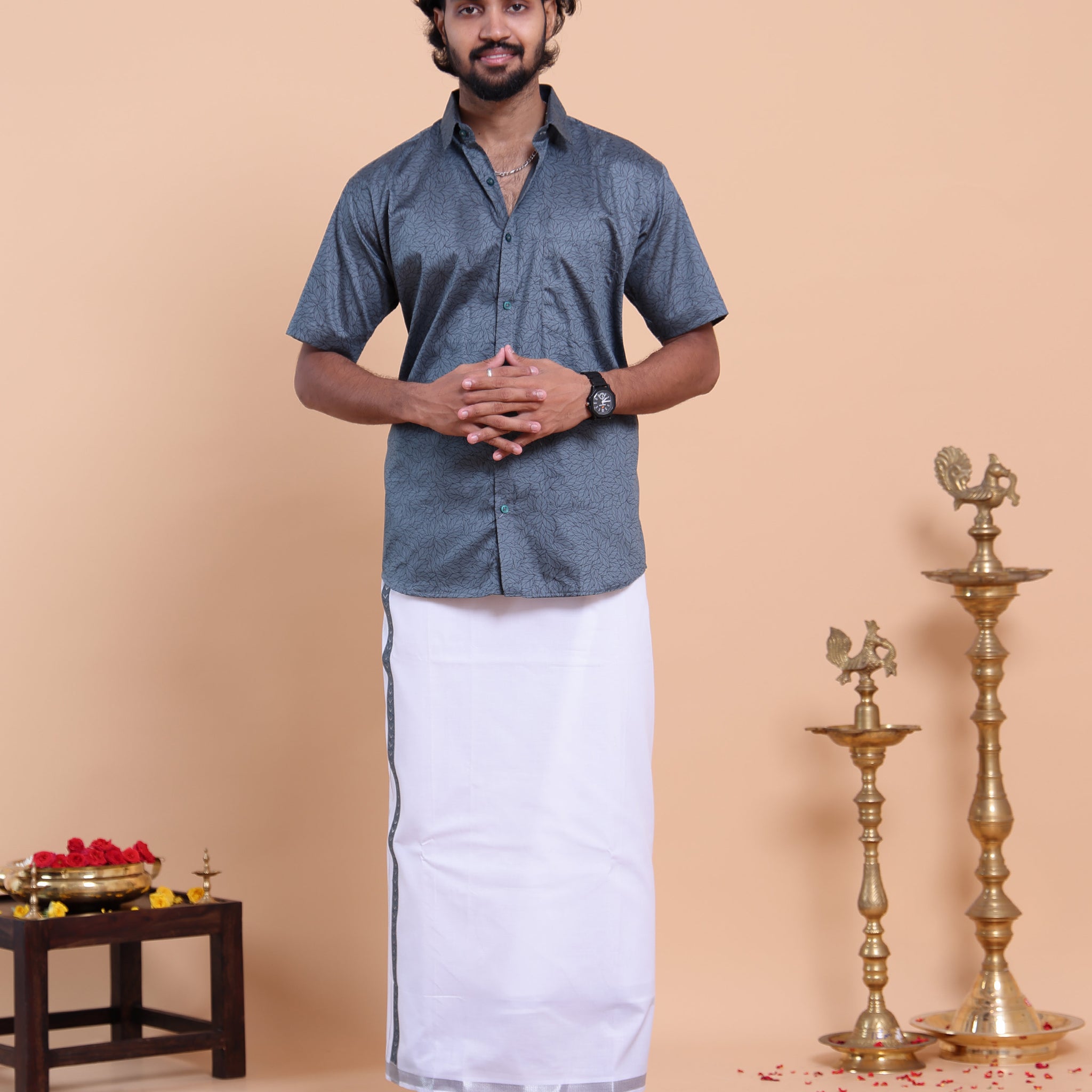 Elegant Men's Traditional Shirt and Dhoti Set with Woven Border - Grey