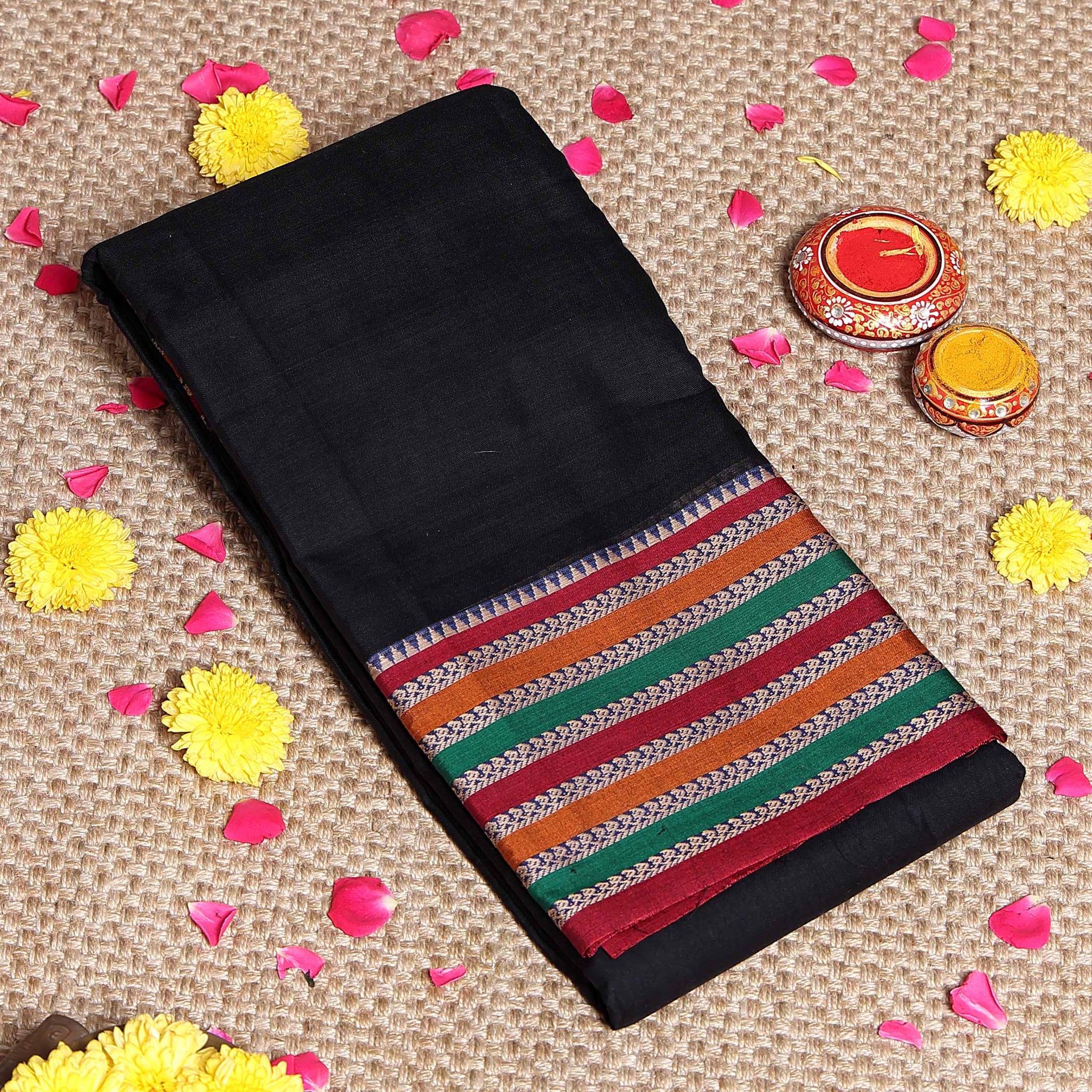 Elegant Narayanpet Cotton Saree Classic Temple Border and Striped Pallu - Black