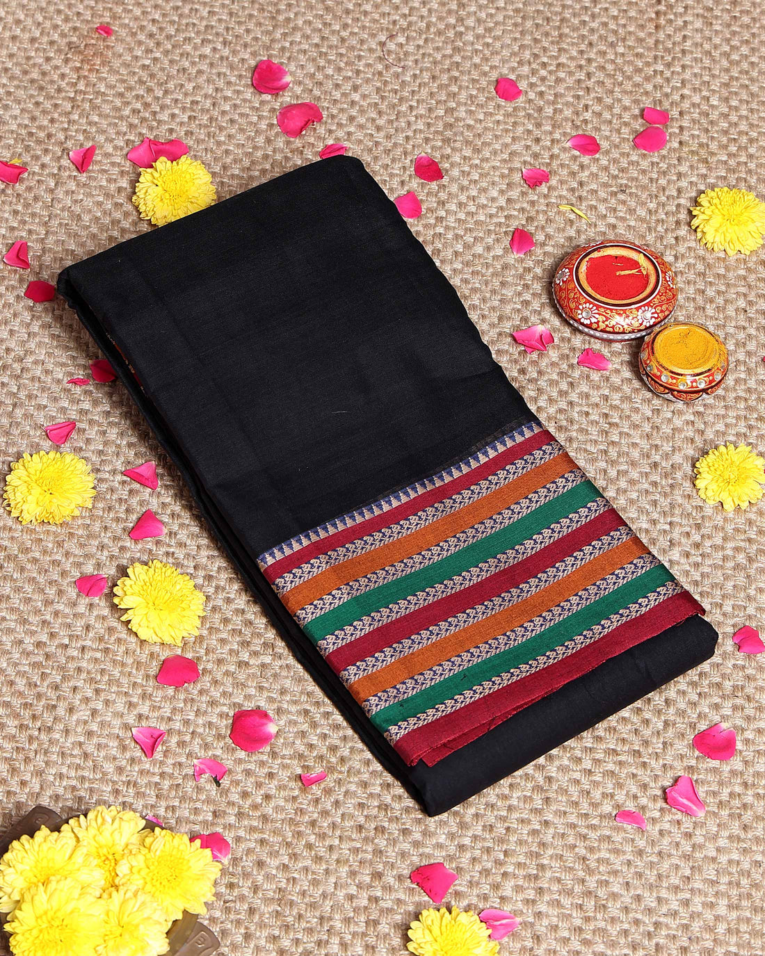 Elegant Narayanpet Cotton Saree Classic Temple Border and Striped Pallu - Black