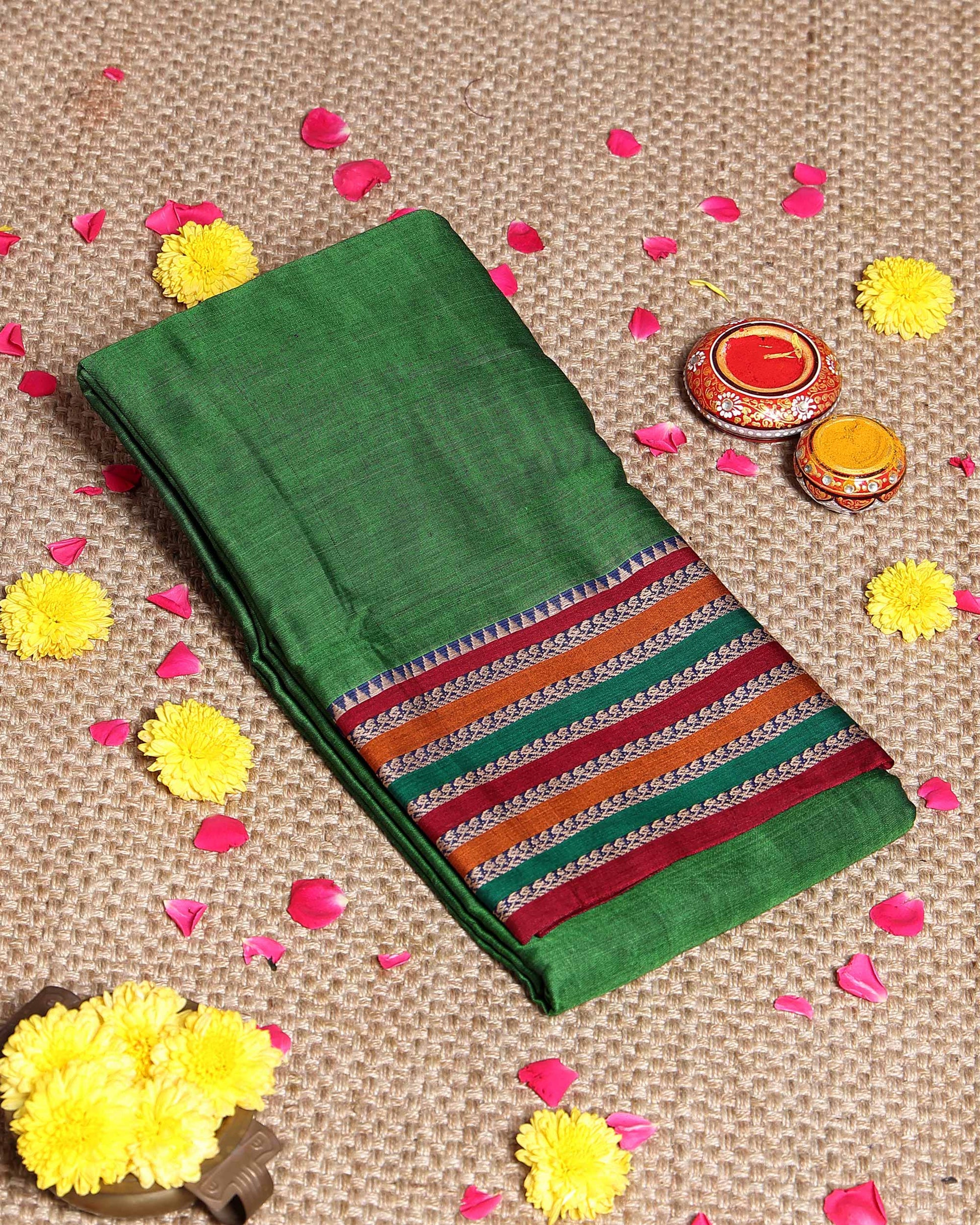 Elegant Narayanpet Cotton Saree Classic Temple Border and Striped Pallu - Green