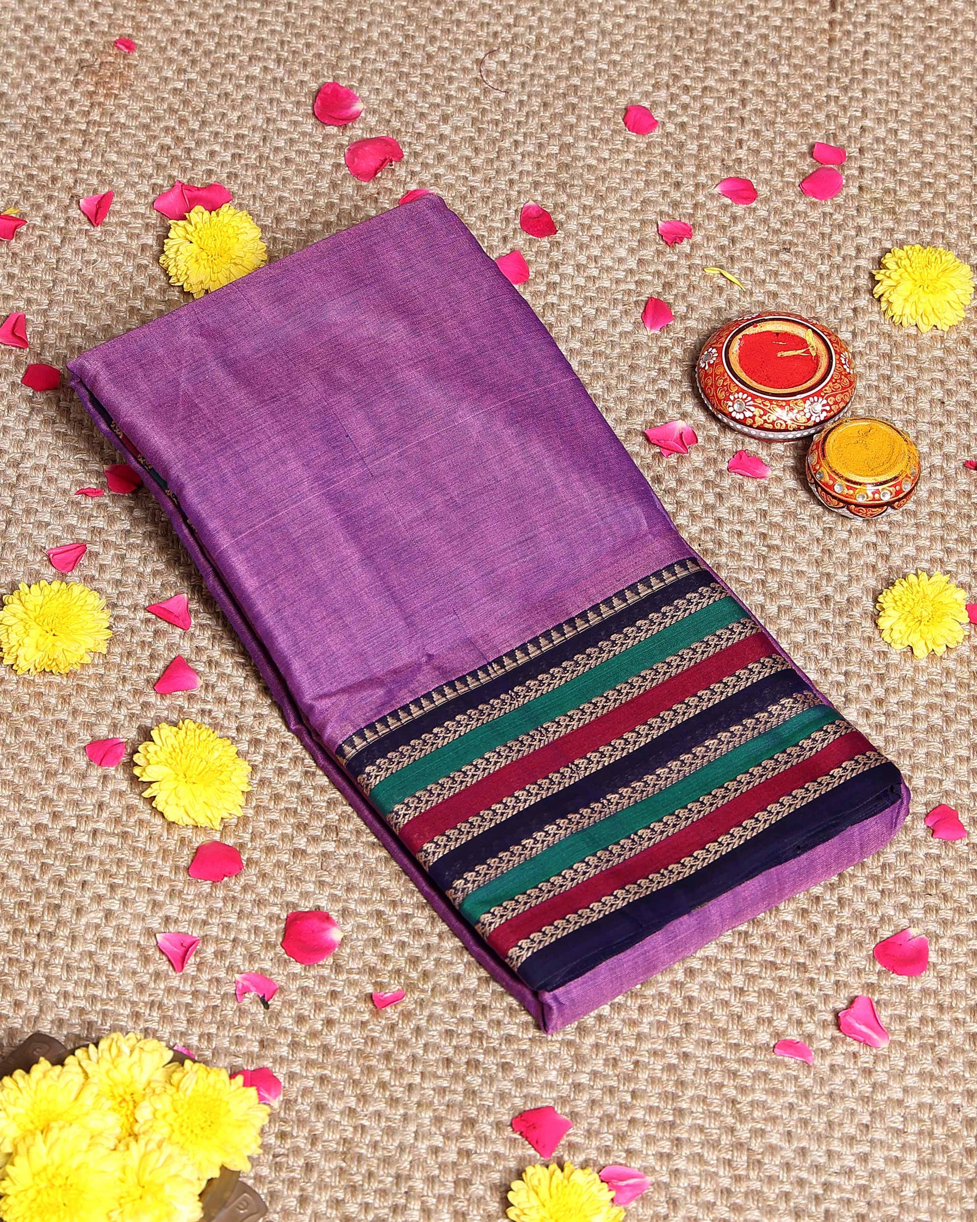 Elegant Narayanpet Cotton Saree Classic Temple Border and Striped Pallu - Purple