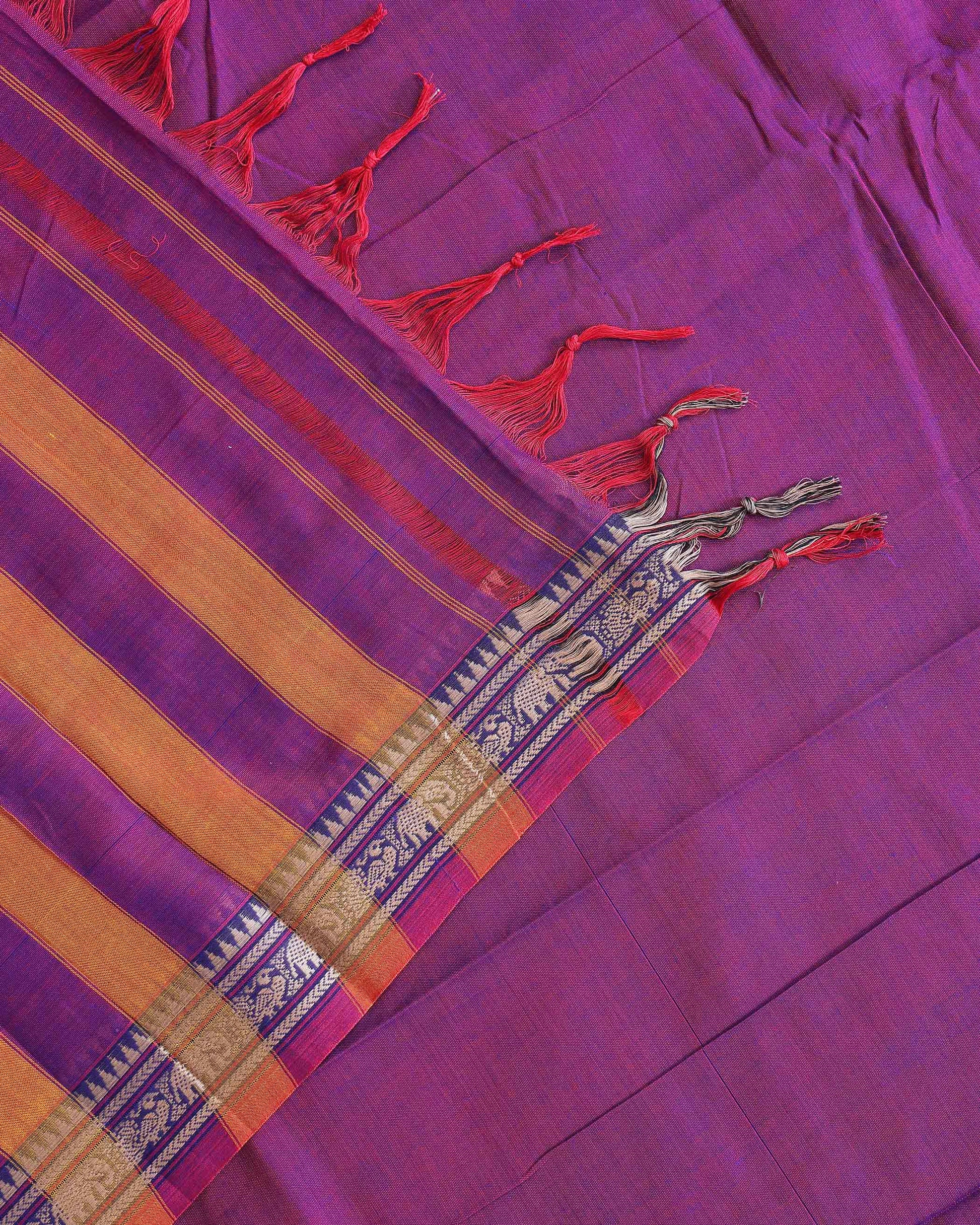 Elegant Narayanpet Cotton Saree with Traditional Temple Border Intricate Elephant Motif Zari Design & Classic Handloom Weave - Purple