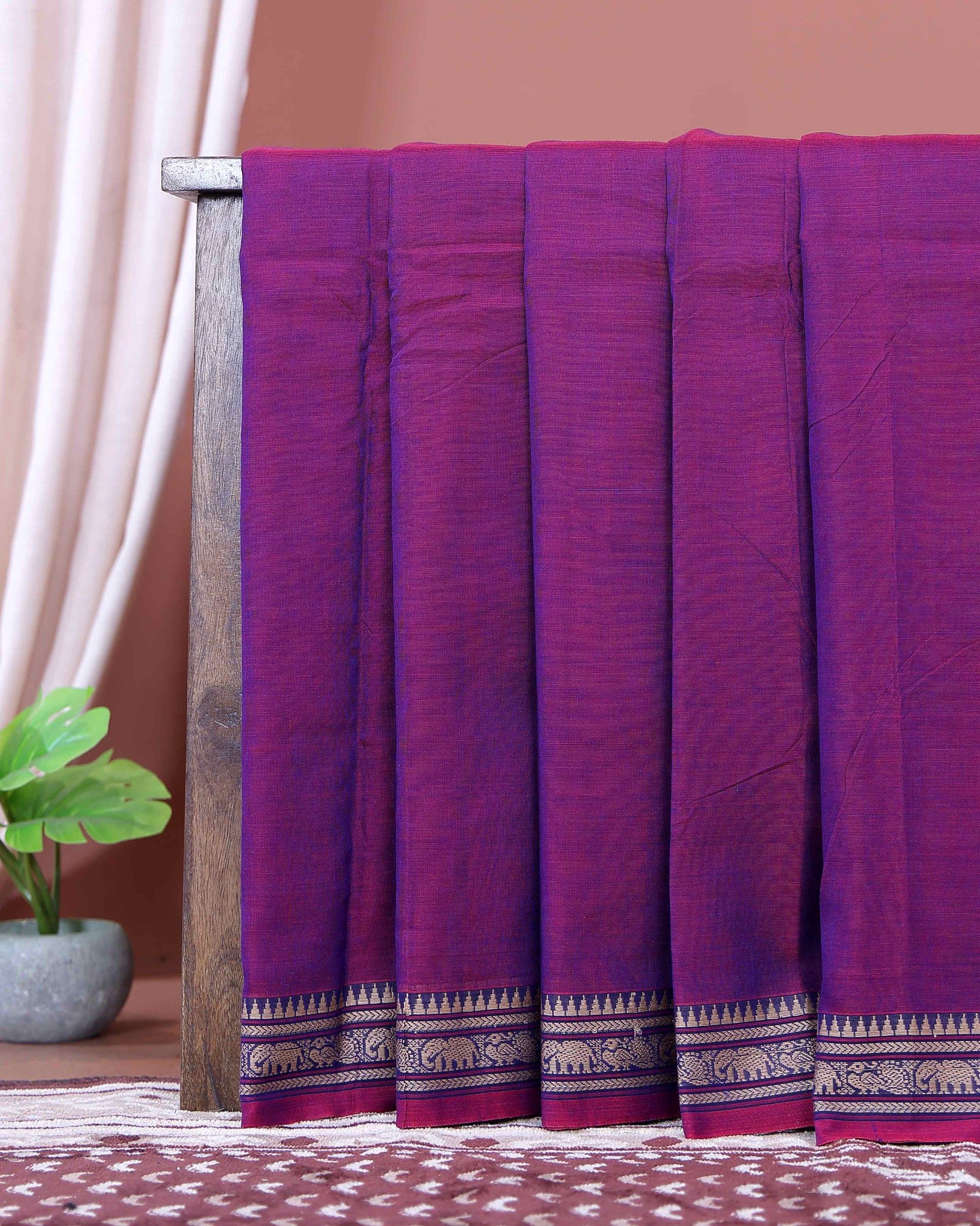 Elegant Narayanpet Cotton Saree with Traditional Temple Border Intricate Elephant Motif Zari Design & Classic Handloom Weave - Purple