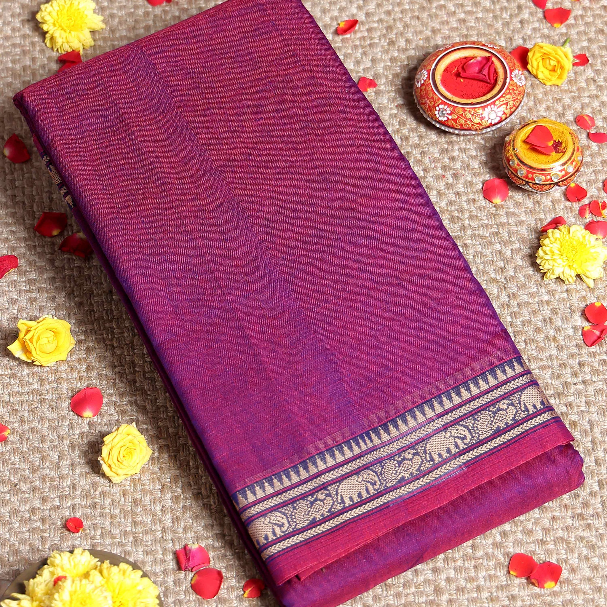 Elegant Narayanpet Cotton Saree with Traditional Temple Border Intricate Elephant Motif Zari Design & Classic Handloom Weave - Purple