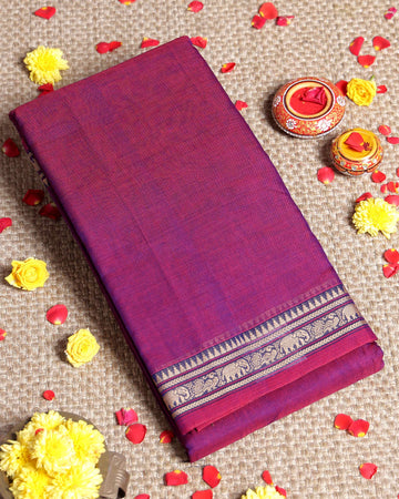 Elegant Narayanpet Cotton Saree with Traditional Temple Border Intricate Elephant Motif Zari Design & Classic Handloom Weave - Purple