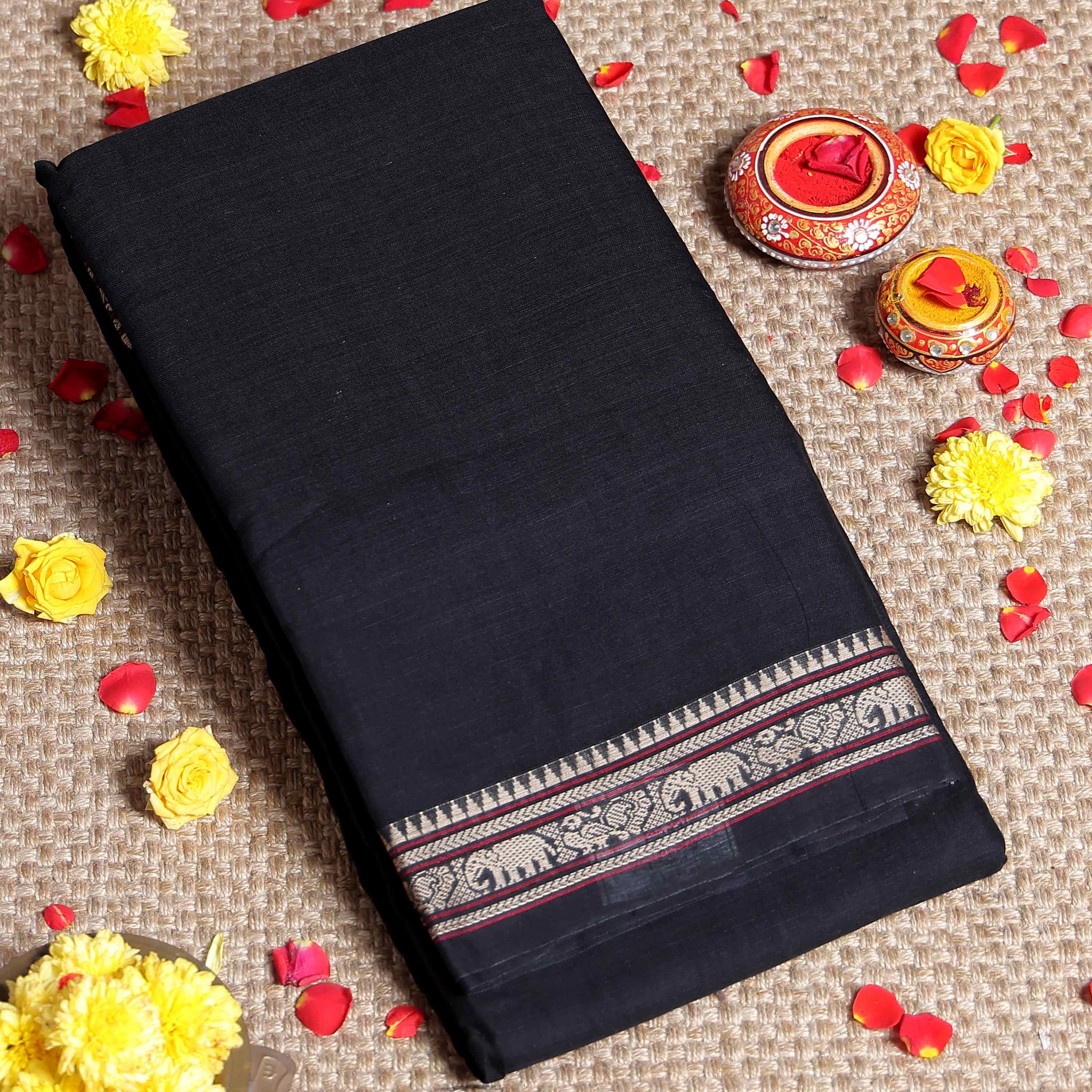 Elegant Narayanpet Cotton Saree with Traditional Temple Border Intricate Elephant Motif Zari Work - Black