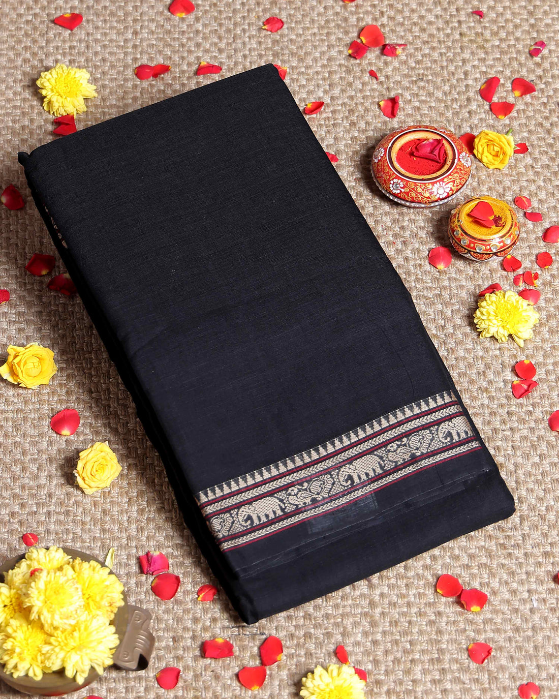 Elegant Narayanpet Cotton Saree with Traditional Temple Border Intricate Elephant Motif Zari Work - Black