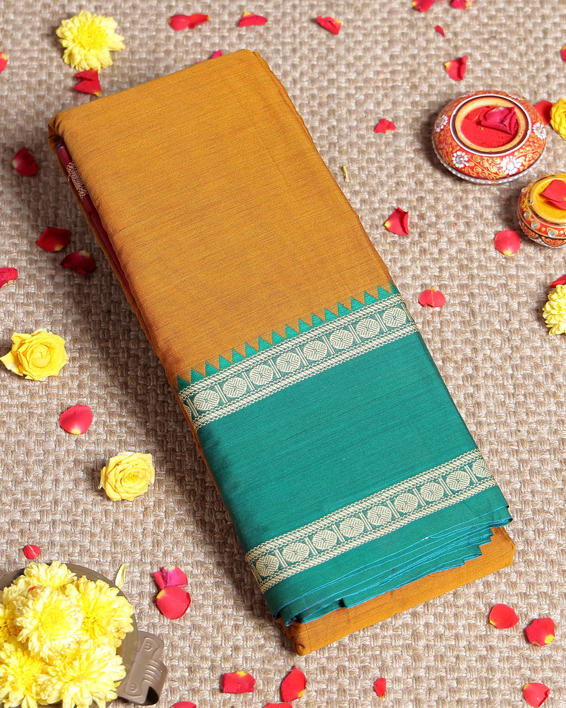 Elegant Narayanpet Handloom Cotton Saree with Contrast Temple Border Intricate Geometric Zari Motifs - Mustard