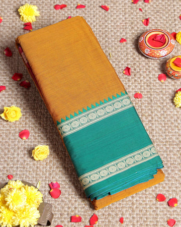 Elegant Narayanpet Handloom Cotton Saree with Contrast Temple Border Intricate Geometric Zari Motifs - Mustard