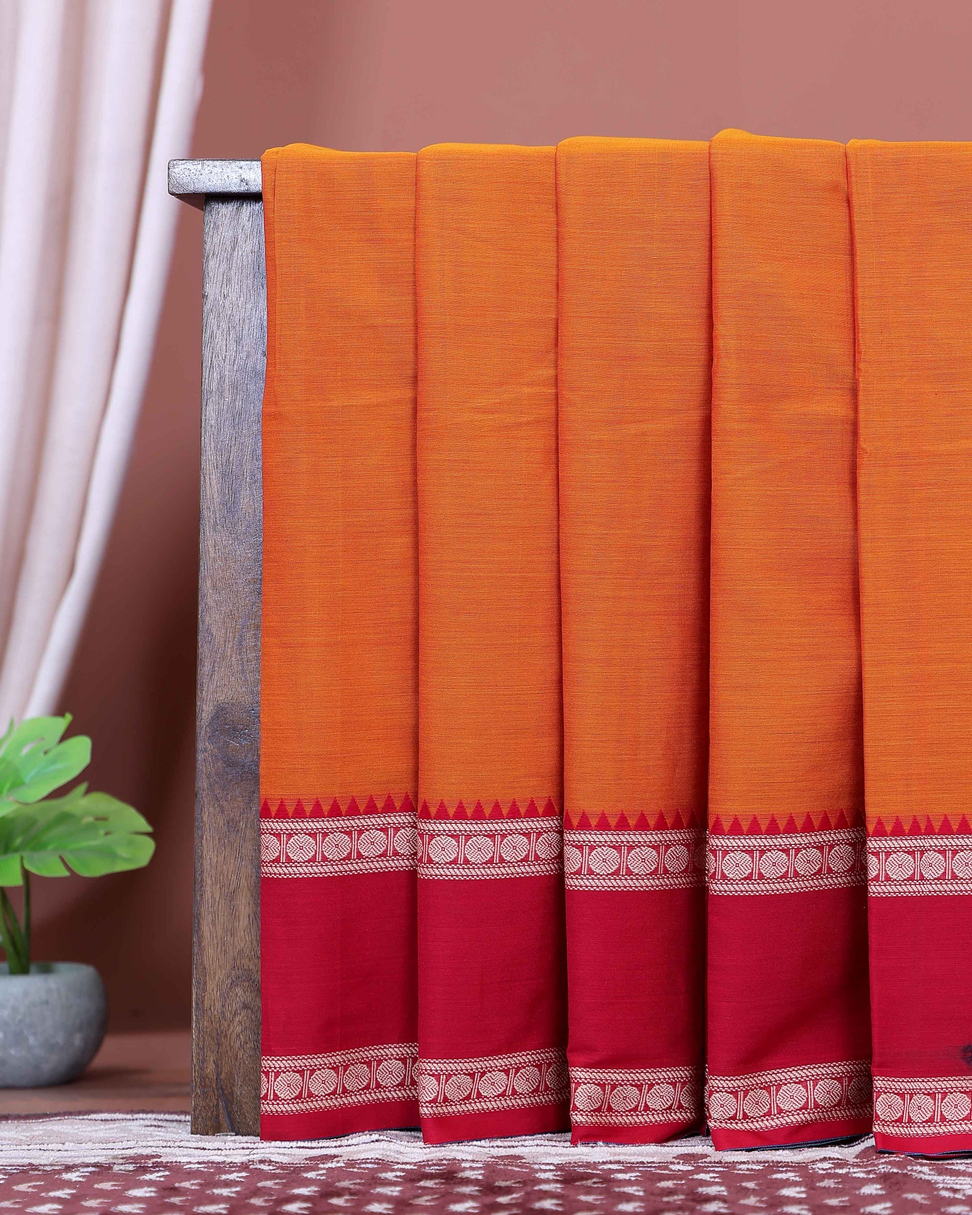 Elegant Narayanpet Handloom Cotton Saree with Contrast Temple Border Intricate Geometric Zari Motifs - Orange