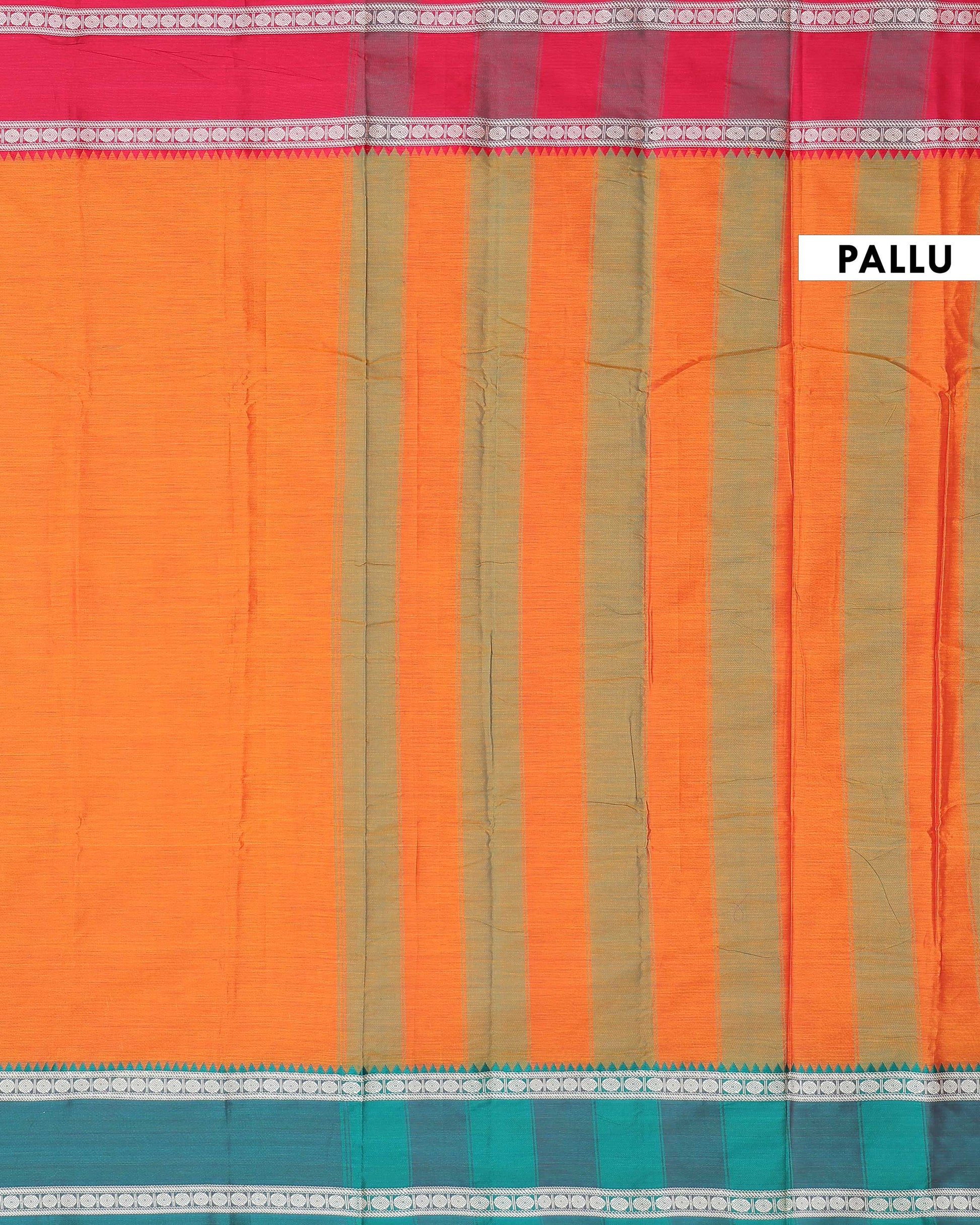 Elegant Narayanpet Handloom Cotton Saree with Contrast Temple Border Intricate Geometric Zari Motifs - Orange