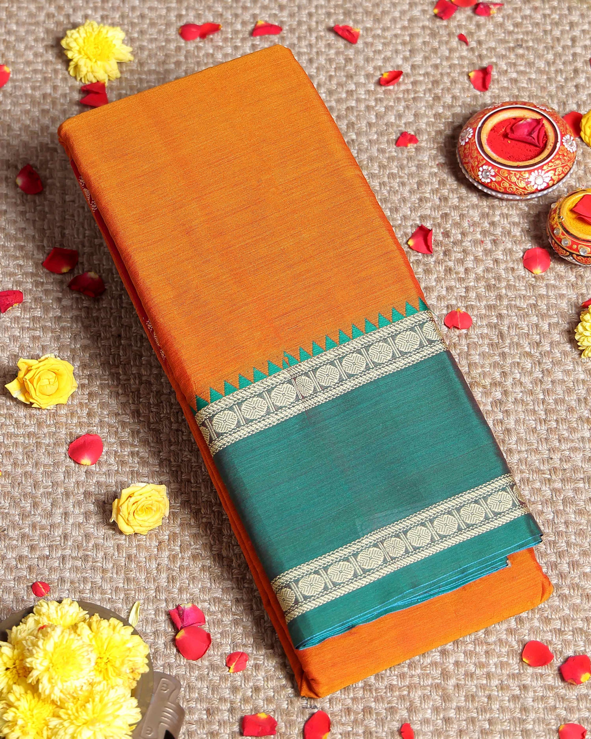 Elegant Narayanpet Handloom Cotton Saree with Contrast Temple Border Intricate Geometric Zari Motifs - Orange
