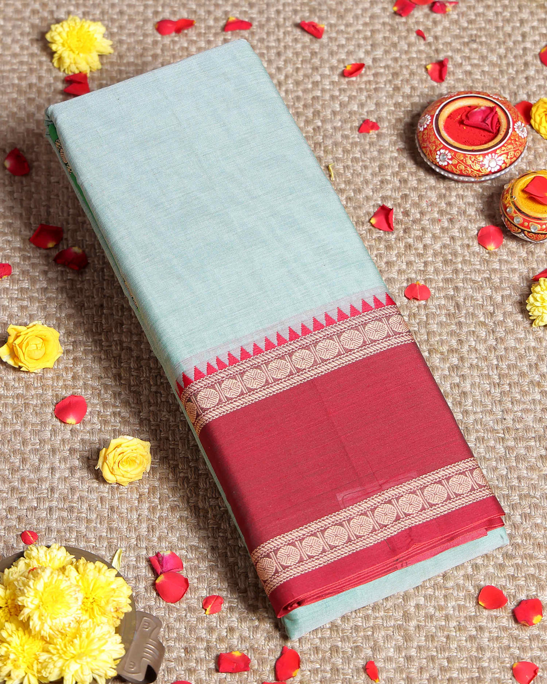 Elegant Narayanpet Handloom Cotton Saree with Contrast Temple Border Intricate Geometric Zari Motifs - Pale Green