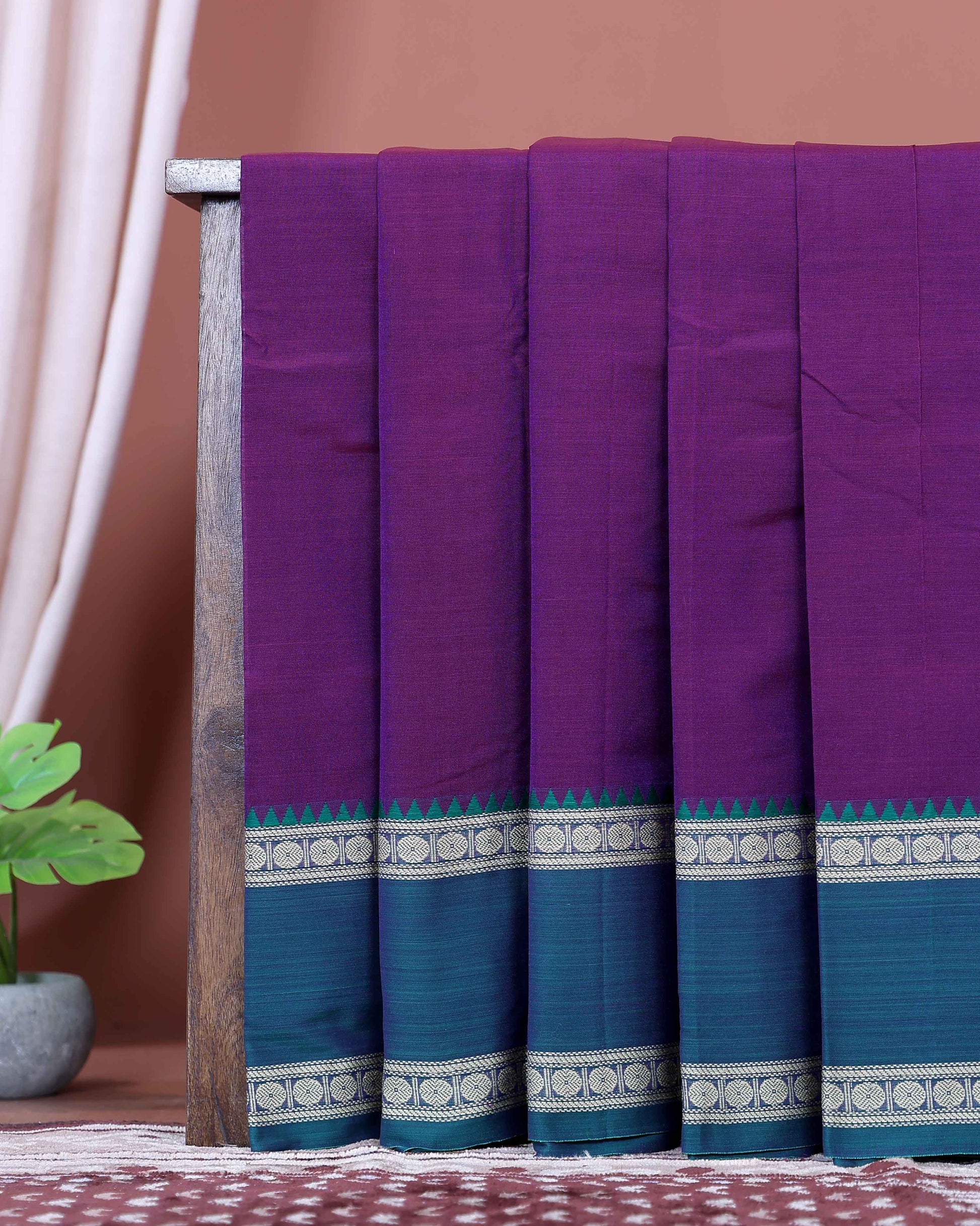 Elegant Narayanpet Handloom Cotton Saree with Contrast Temple Border Intricate Geometric Zari Motifs - Purple