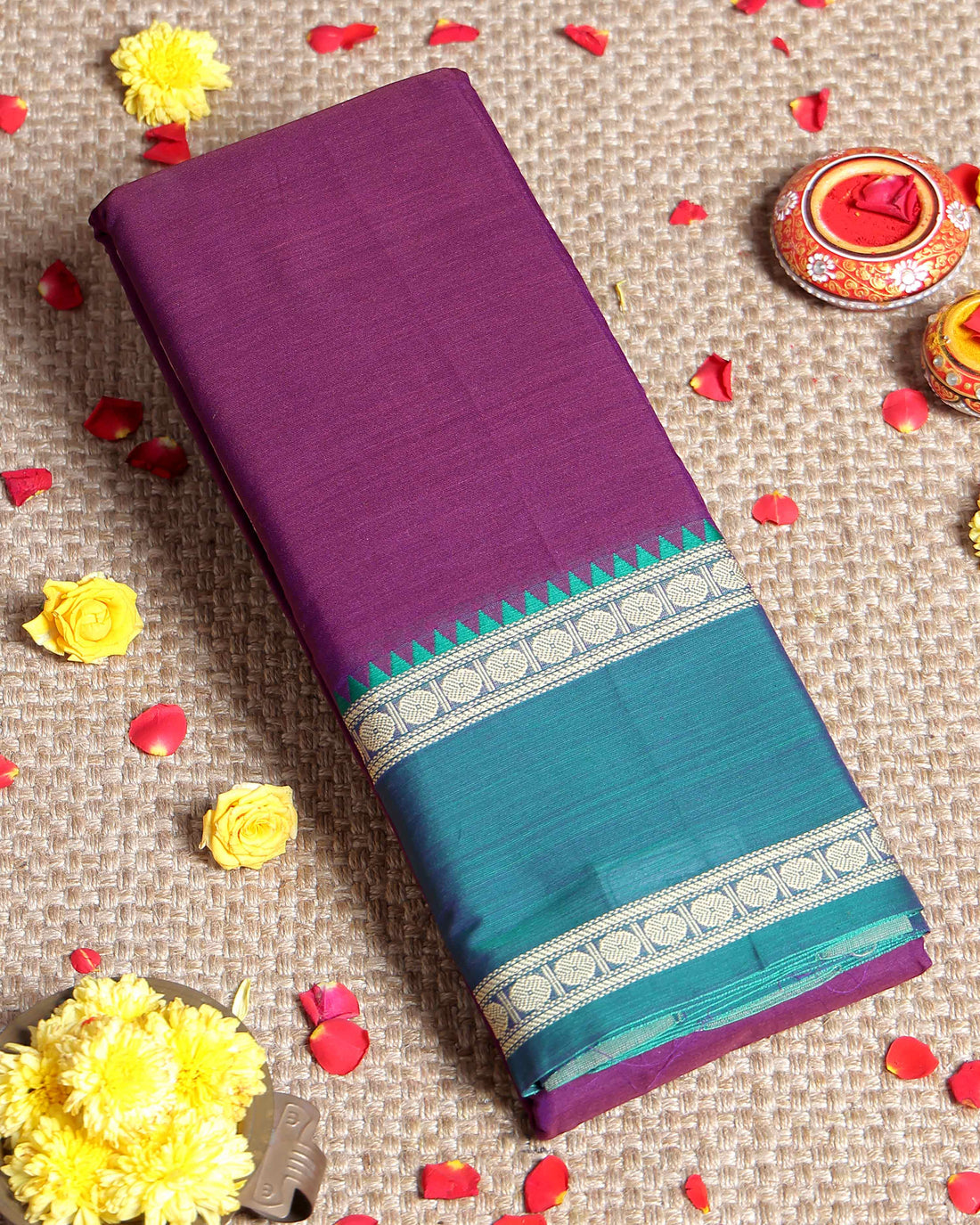 Elegant Narayanpet Handloom Cotton Saree with Contrast Temple Border Intricate Geometric Zari Motifs - Purple