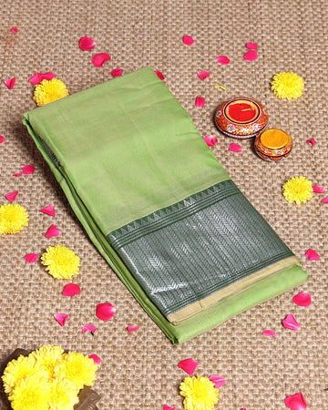 Elegant Narayanpet Handloom Cotton Saree with Traditional Temple Style Zari Border and Geometric Patterned Pallu - Green
