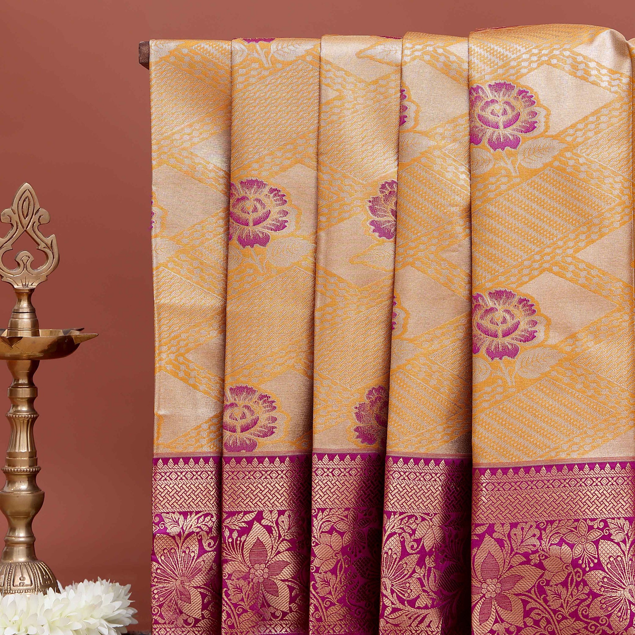 Elegant Niranjana Silk Saree All Over Woven Floral Motifs and Grand Zari Pallu - Yellow