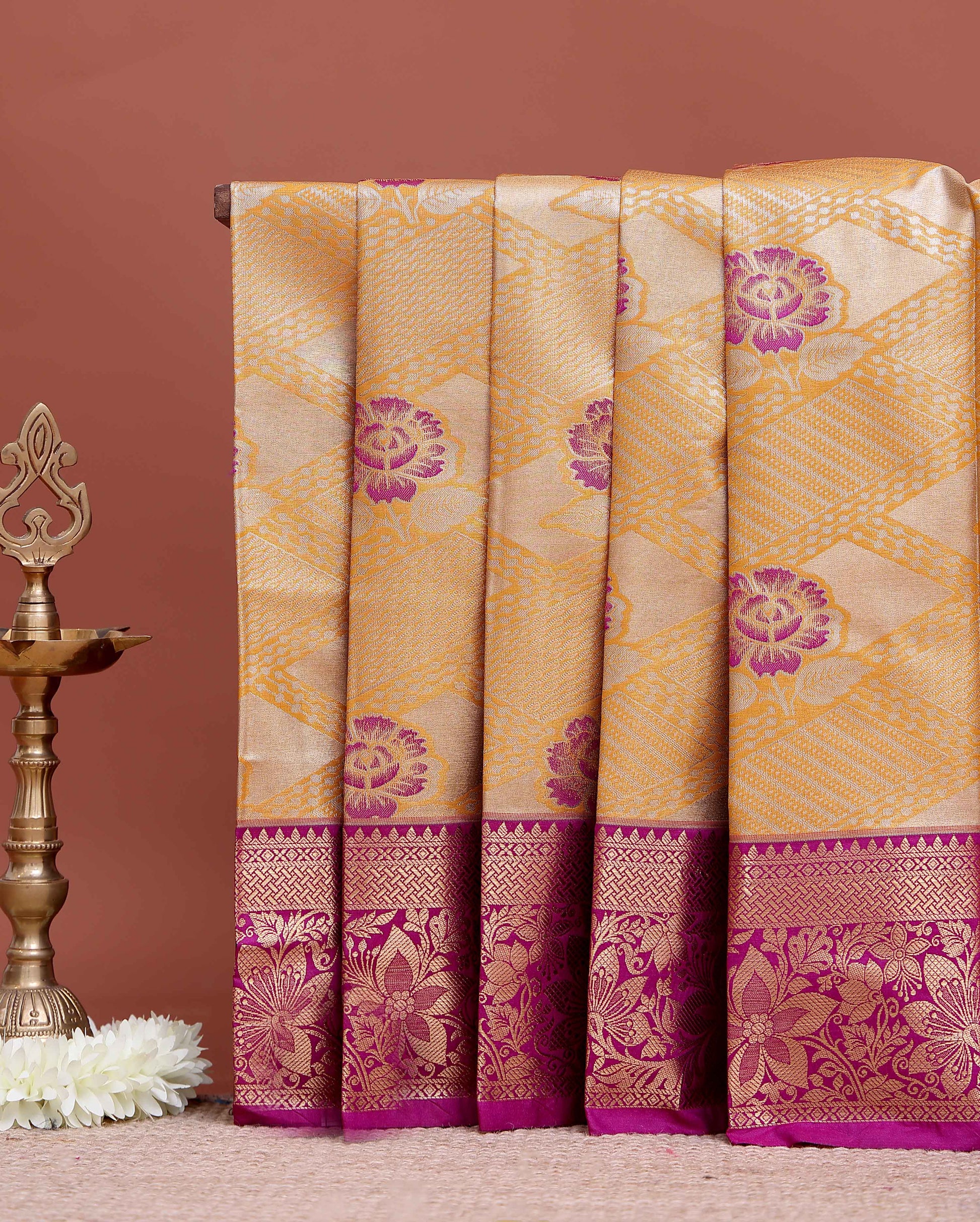 Elegant Niranjana Silk Saree All Over Woven Floral Motifs and Grand Zari Pallu - Yellow