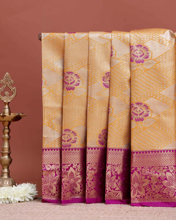 Elegant Niranjana Silk Saree All Over Woven Floral Motifs and Grand Zari Pallu - Yellow