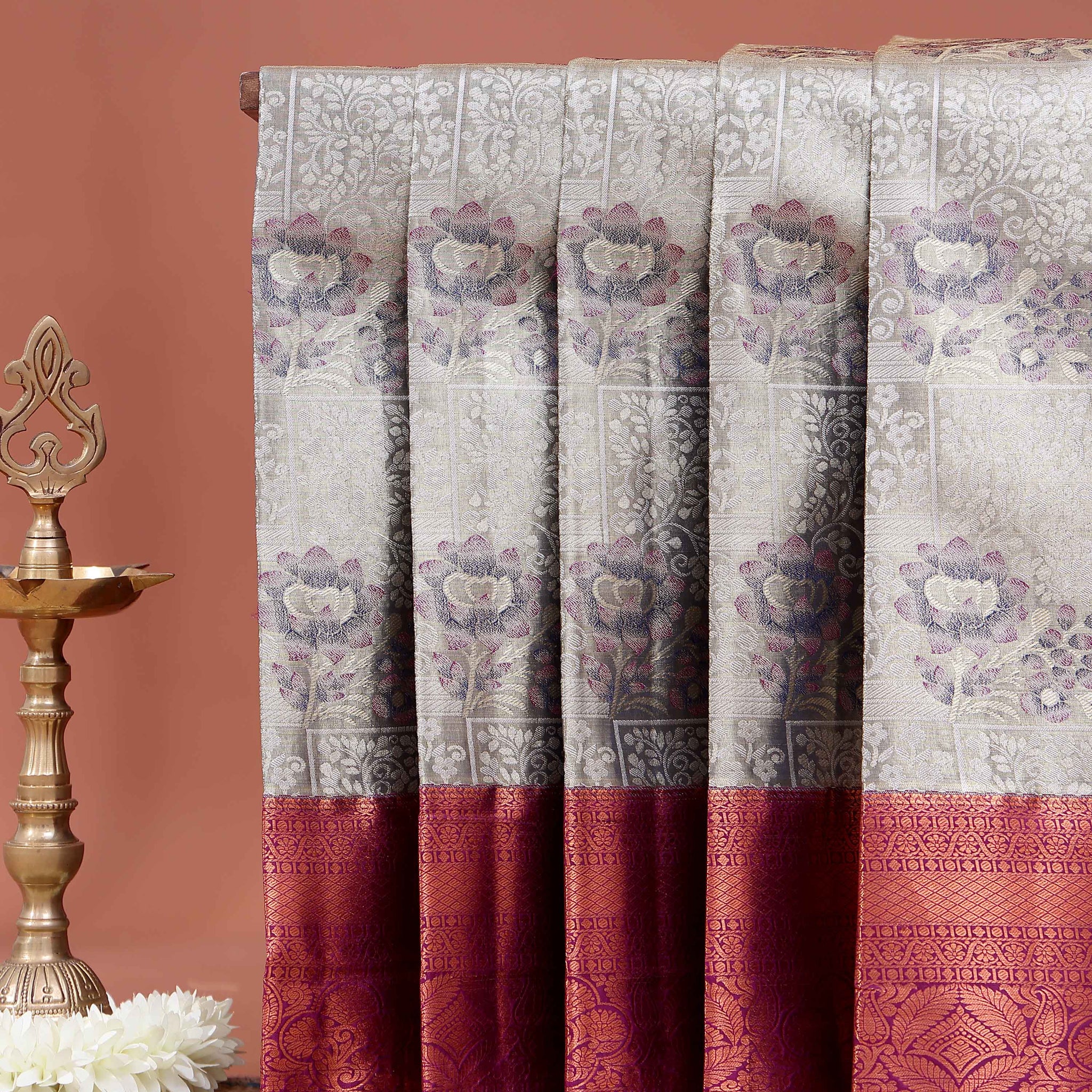 Elegant Niranjana Silk Saree Intricate All-Over Floral Weaving and Rich Traditional Border - Grey