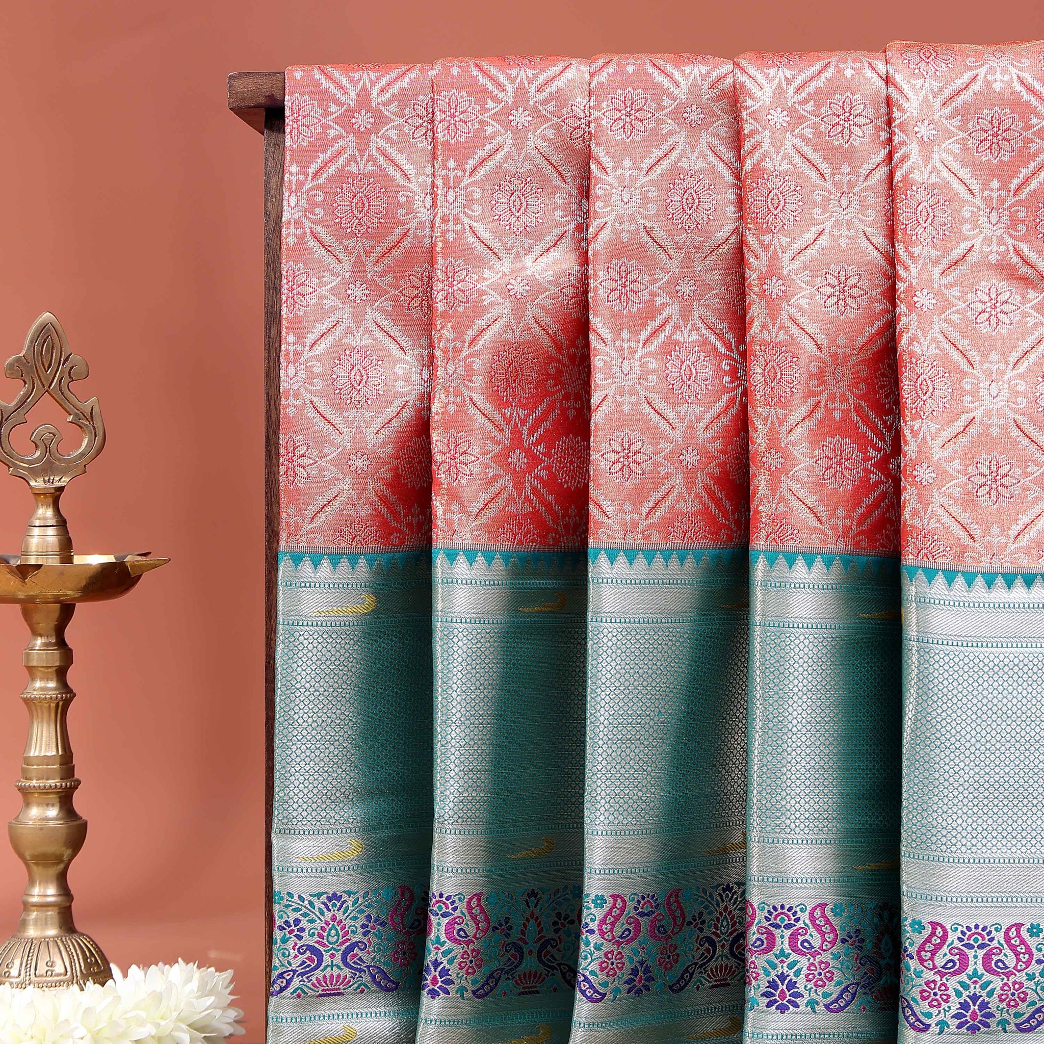 Elegant Niranjana Silk Saree Intricate Brocade Floral Patterns and Classic Designer Border - Peach