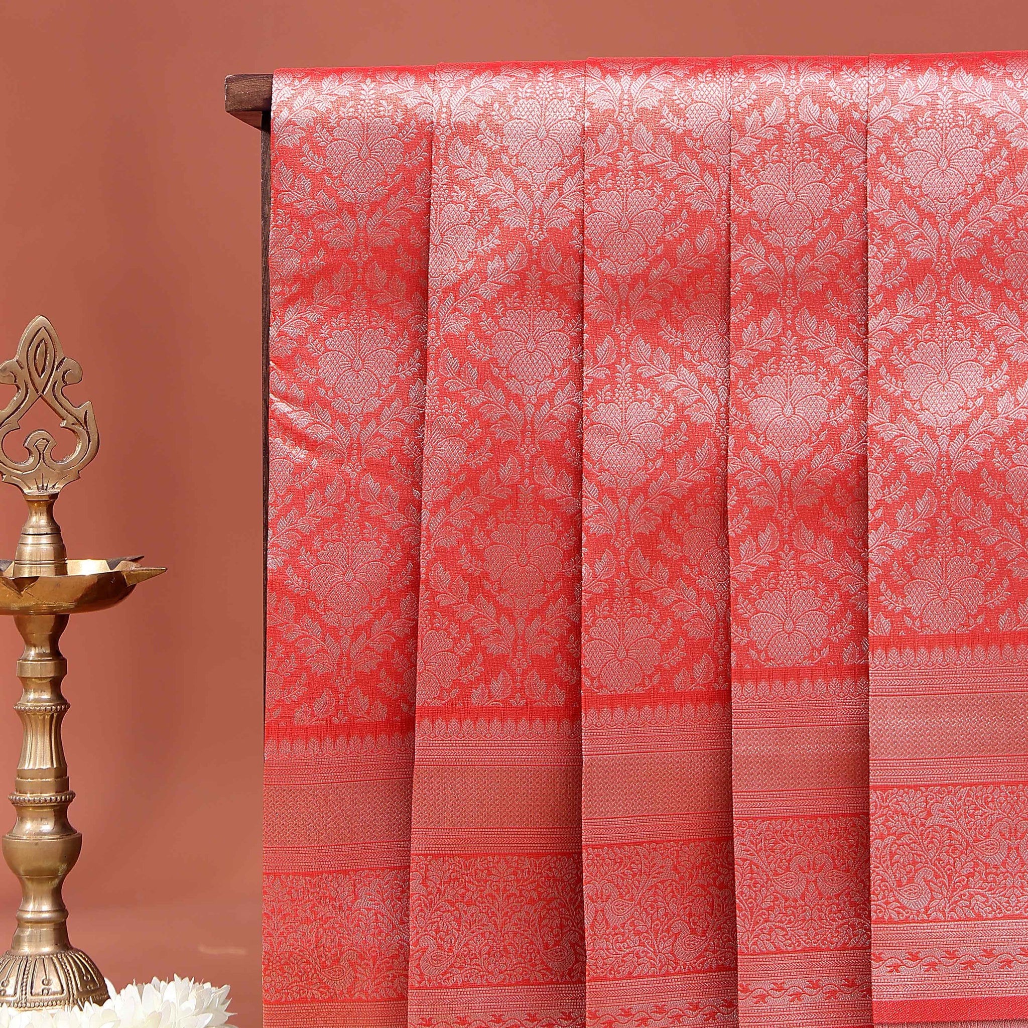 Elegant Niranjana Silk Saree with All Over Floral Zari Jacquard Weaving and Traditional Rich Border - Peach