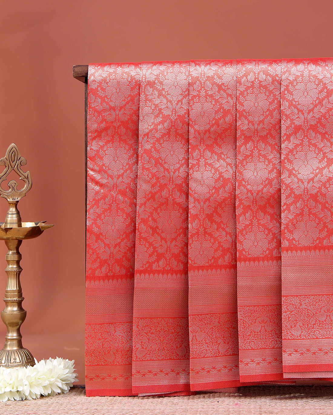 Elegant Niranjana Silk Saree with All Over Floral Zari Jacquard Weaving and Traditional Rich Border - Peach