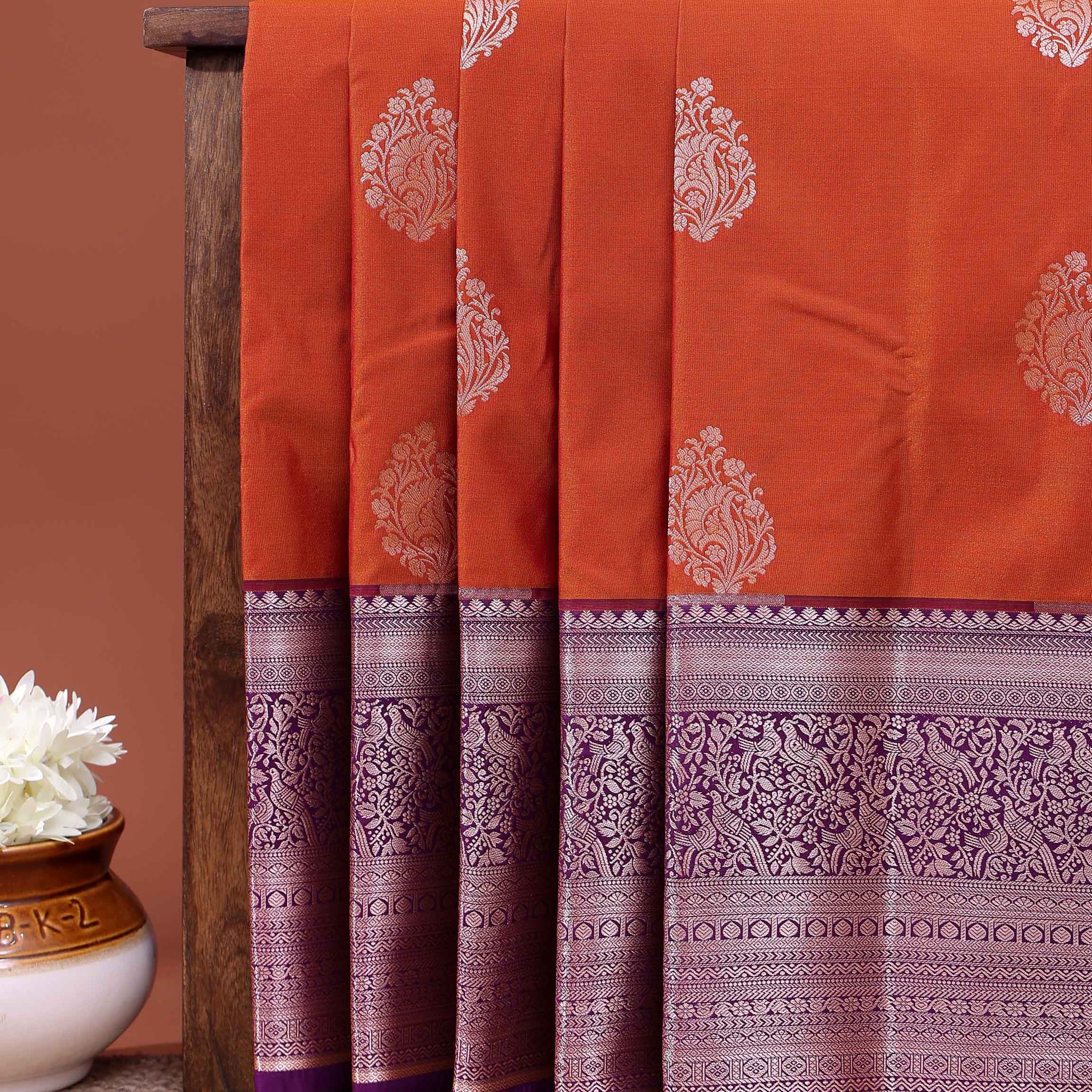 Elegant Niranjana Silk Saree with Traditional Woven Buttas and Contrasting Zari Pallu - Orange