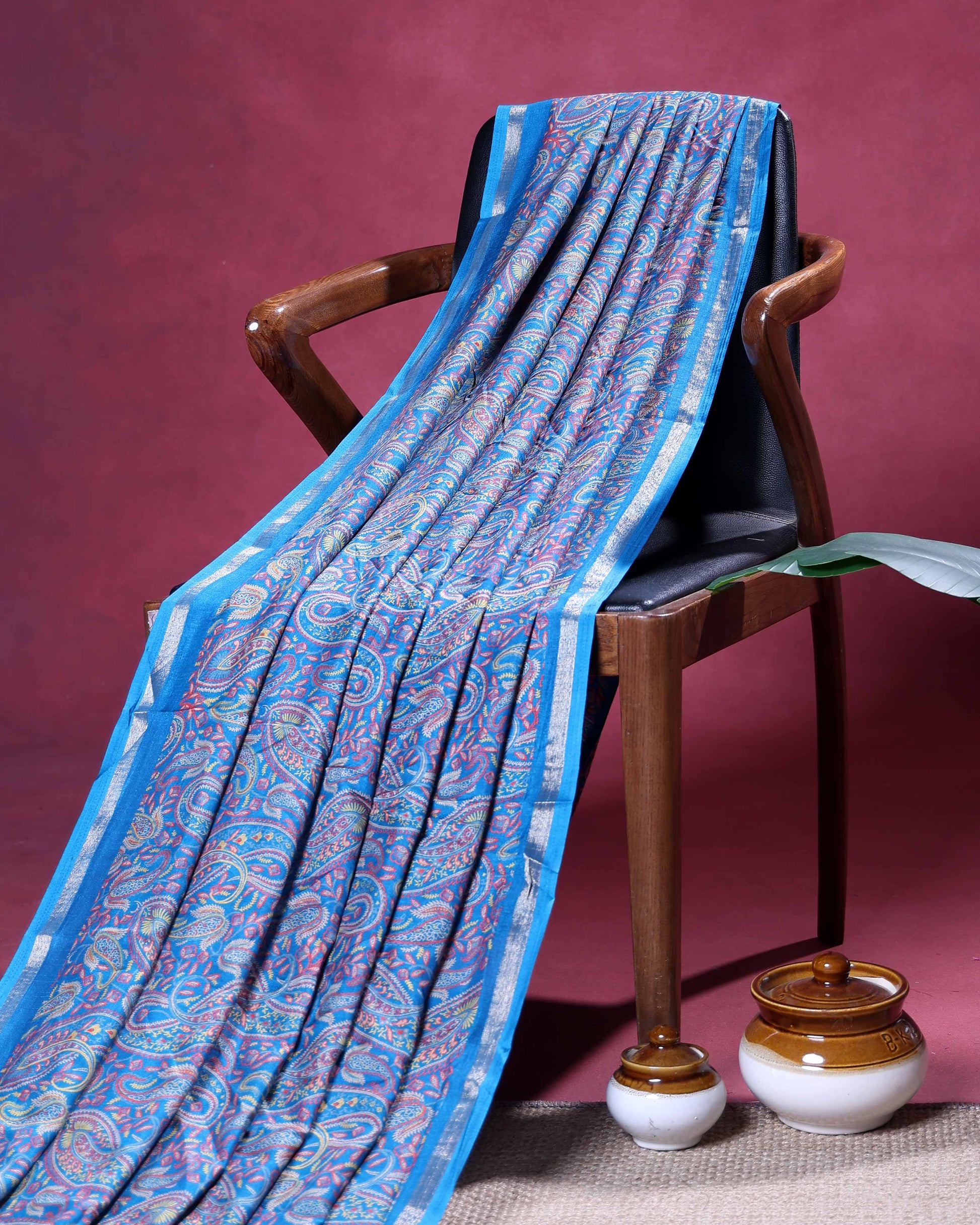 Elegant Paisley Floral Jacquard Art Silk Saree with Woven Border and All-Over Intricate Motif Design - Blue