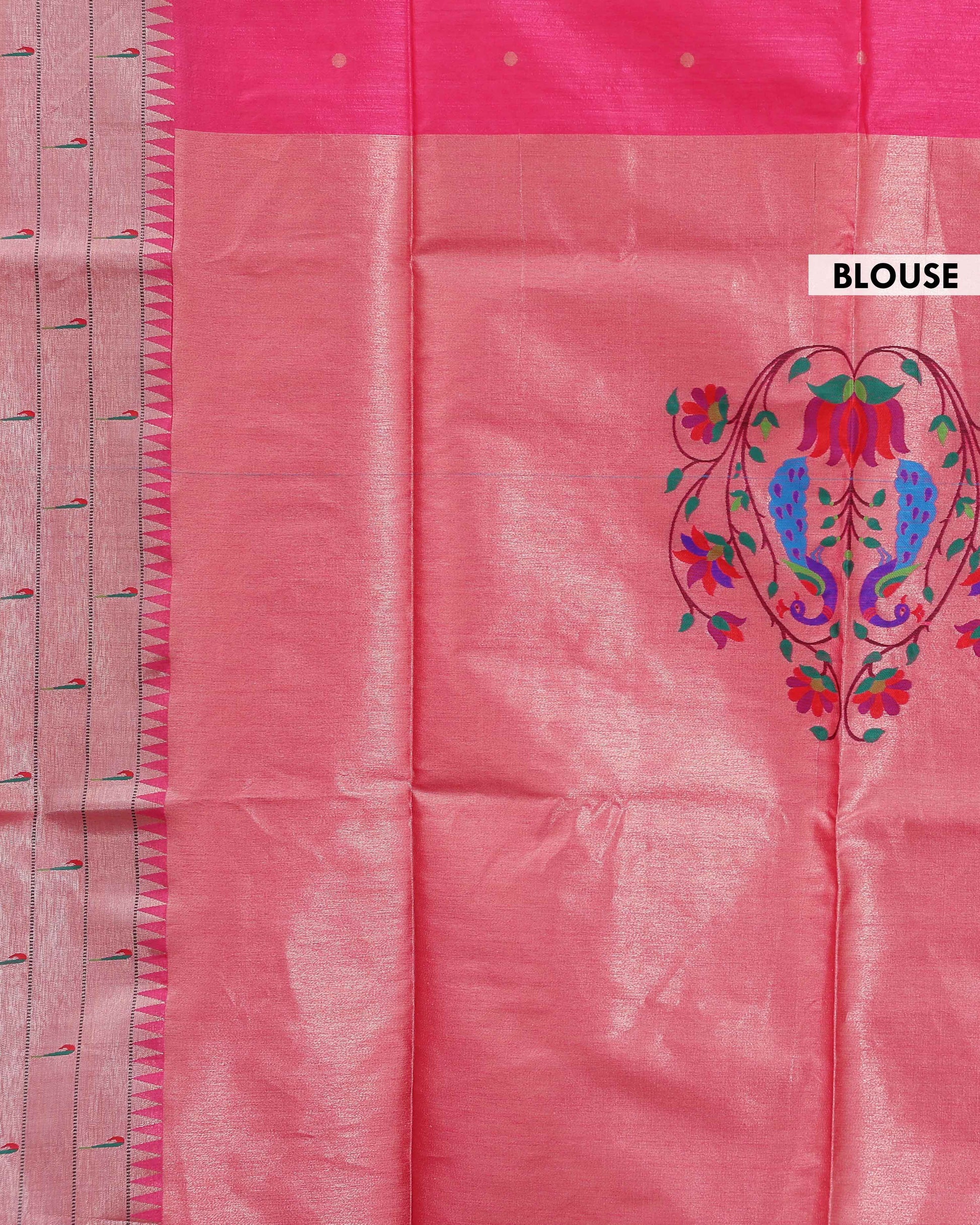 Elegant Paithani Saree with Elaborate Peacock and Floral Weaving on the Pallu - Pink-blouse