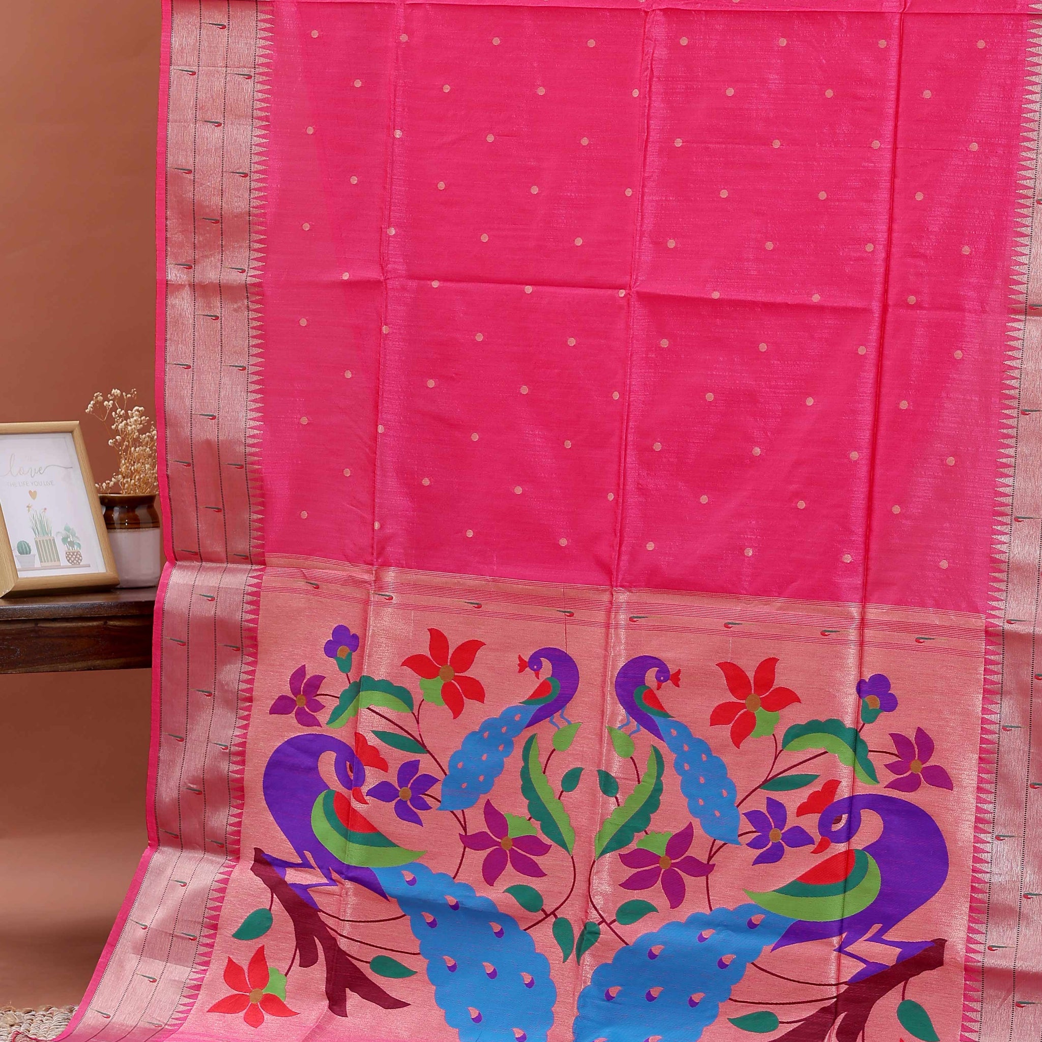 Elegant Paithani Saree with Elaborate Peacock and Floral Weaving on the Pallu - Pink