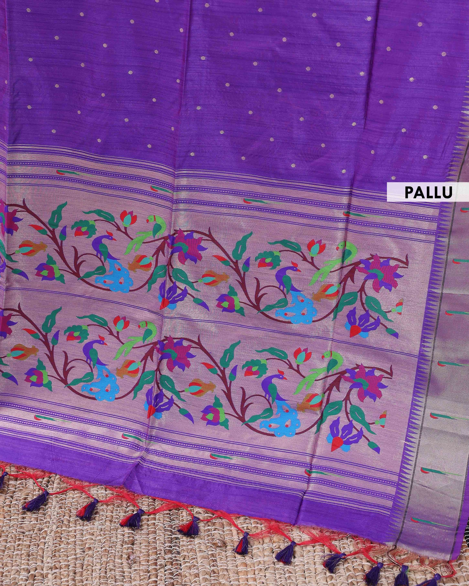 Elegant Paithani Saree with Elaborate Peacock and Floral Weaving on the Pallu - Purple-PALLU